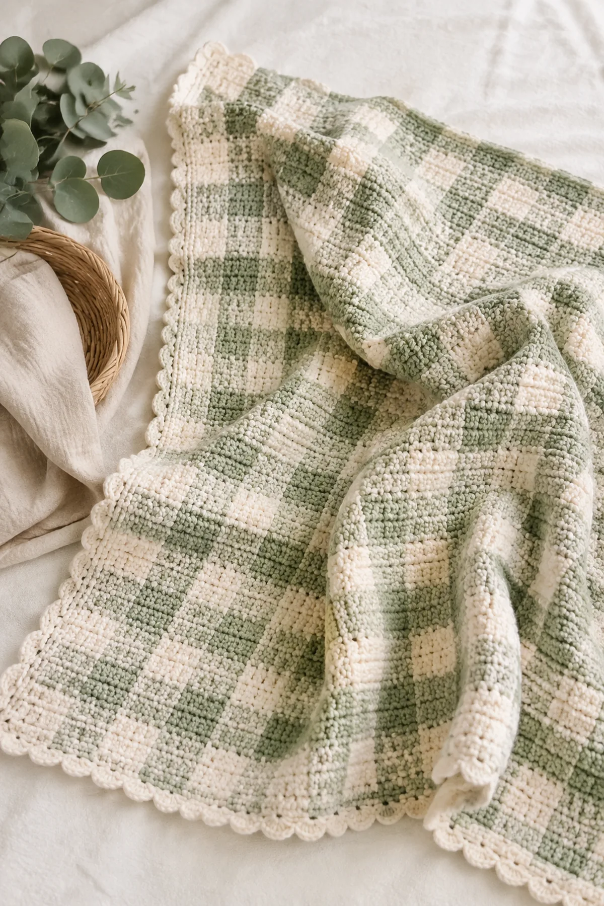 Finished beginner crochet gingham baby blanket in soft cream and sage yarn on a neutral nursery surface