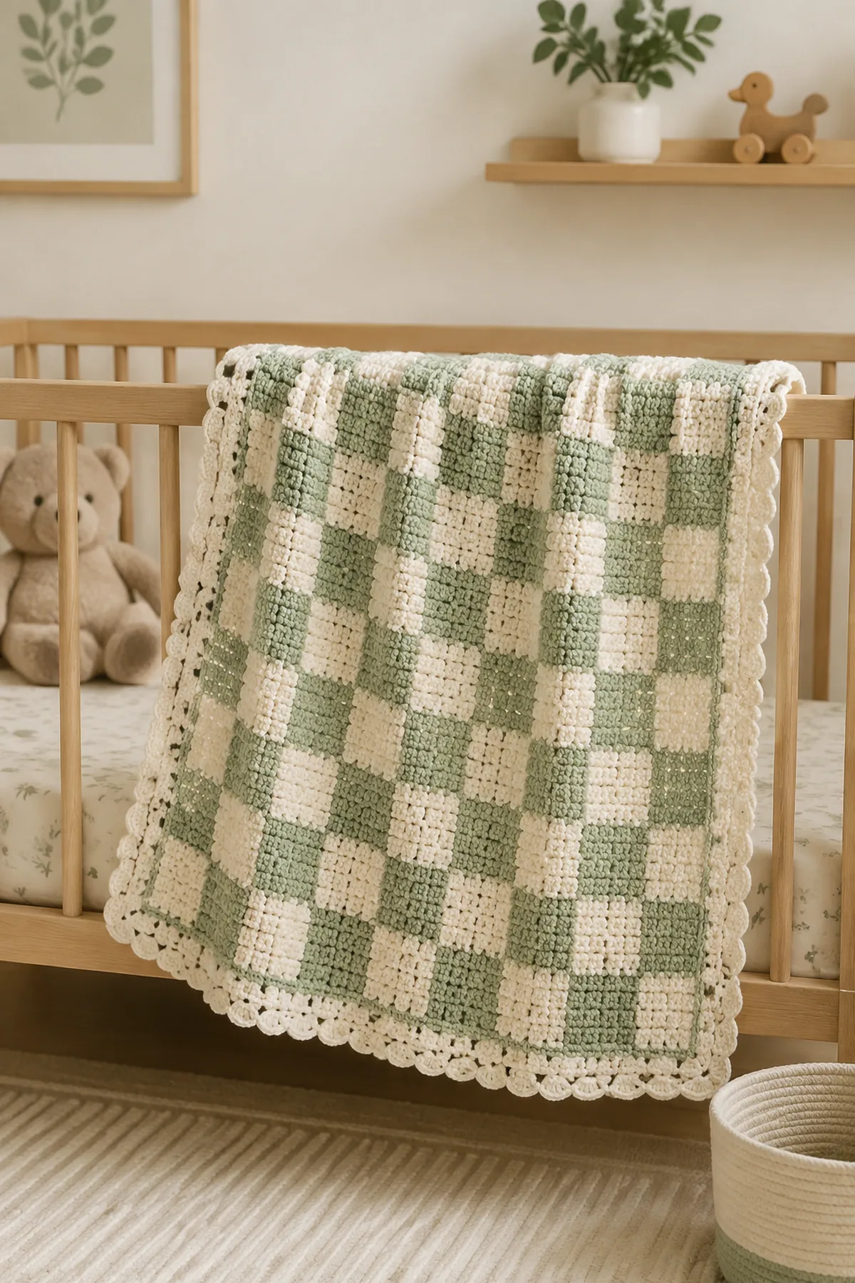 Finished beginner crochet gingham baby blanket styled in a calm bright nursery setting without a baby present