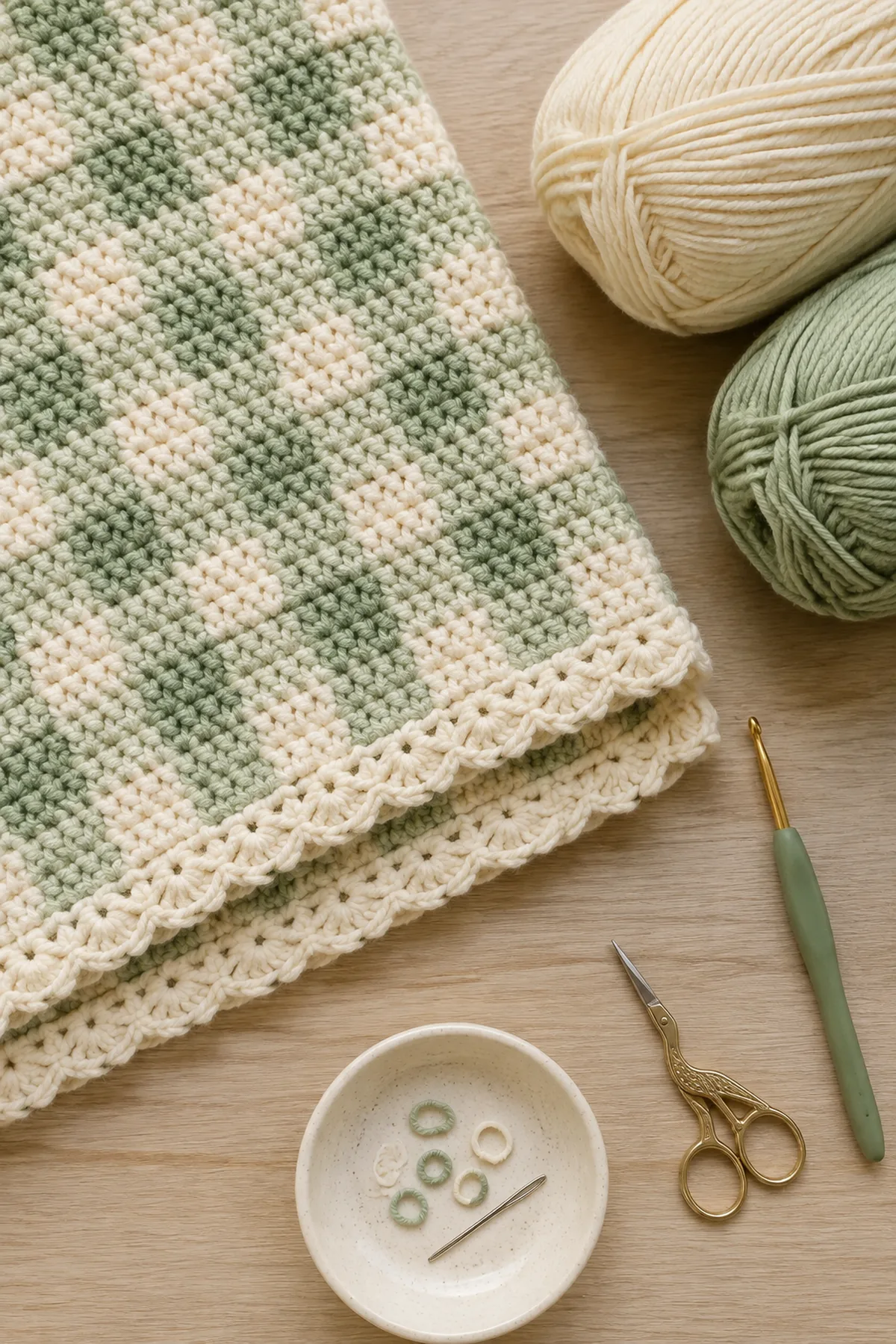 Baby-friendly yarn, crochet hook, stitch markers, tape measure, yarn needle, and scissors for beginner crochet gingham baby blanket