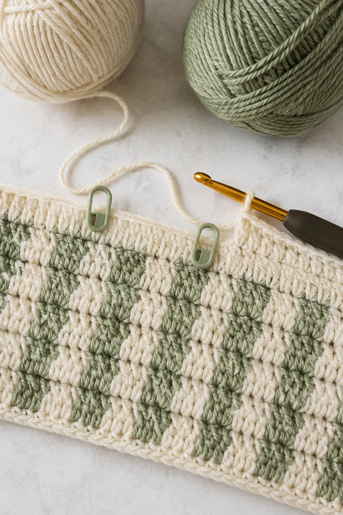 Early counted crochet stage of beginner crochet gingham baby blanket with matching yarn and hook