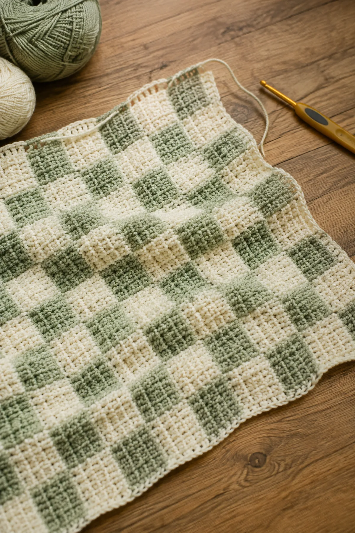 Mid-process construction of beginner crochet gingham baby blanket showing the established shape
