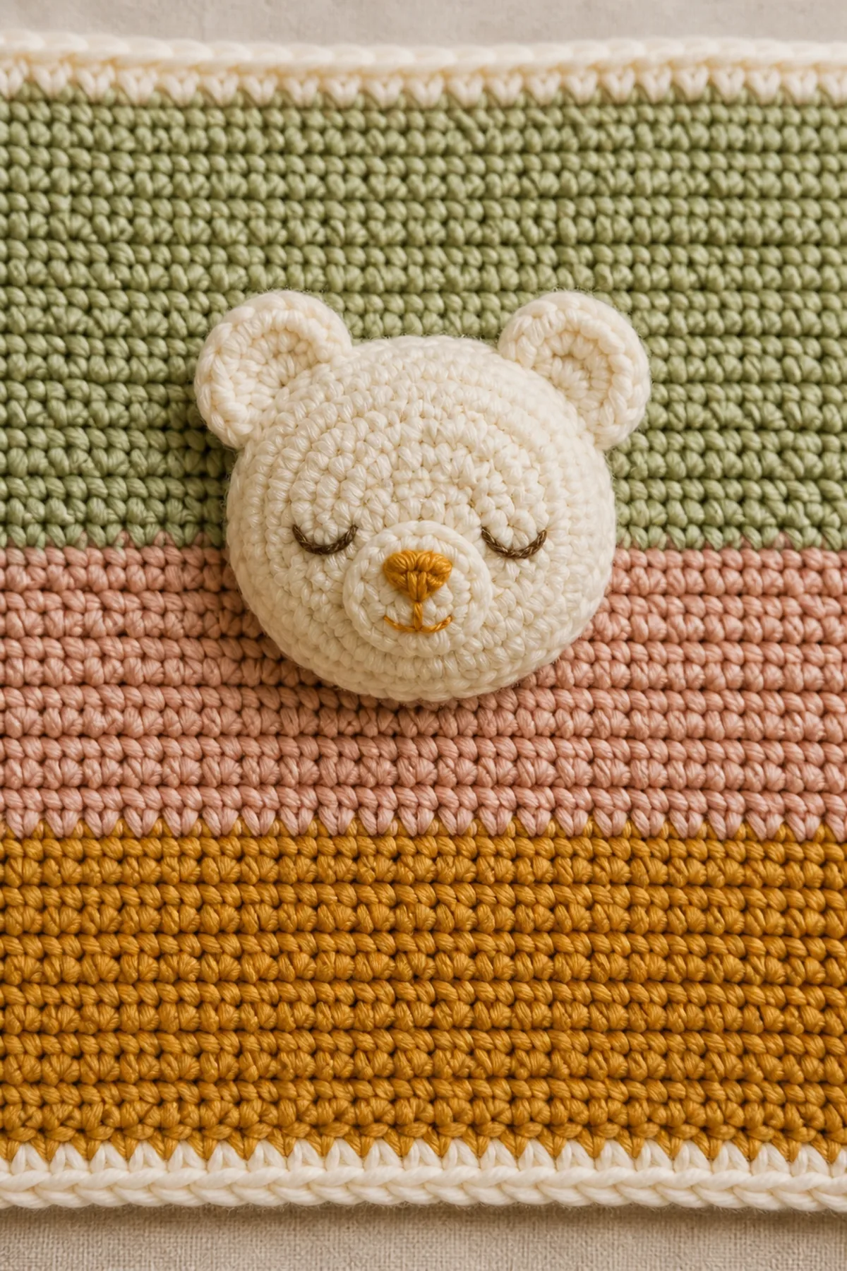 Close-up of clean color-band joins, embroidered sleepy bear face, and reinforced center seam