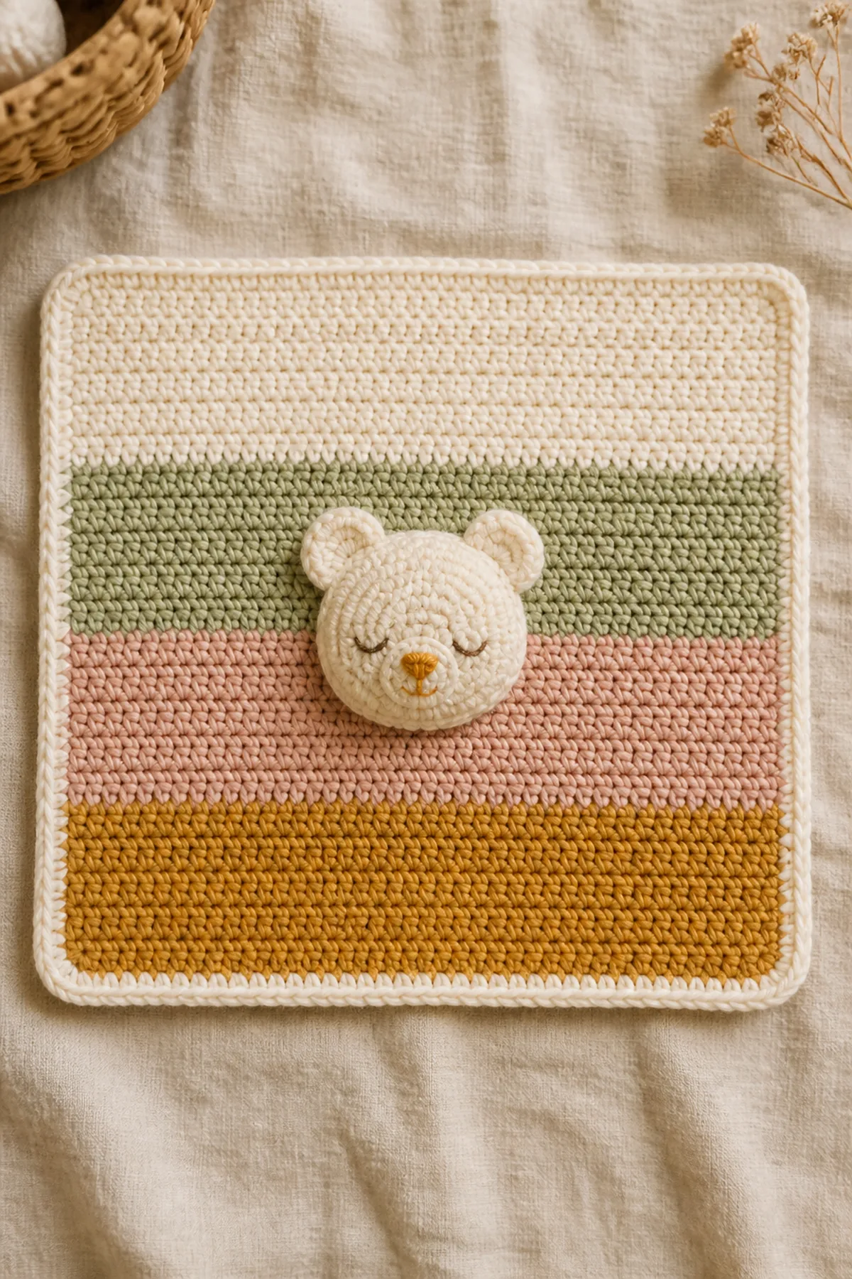 Modern baby lovey with broad cream, sage, blush, and honey bands and a centered cream bear