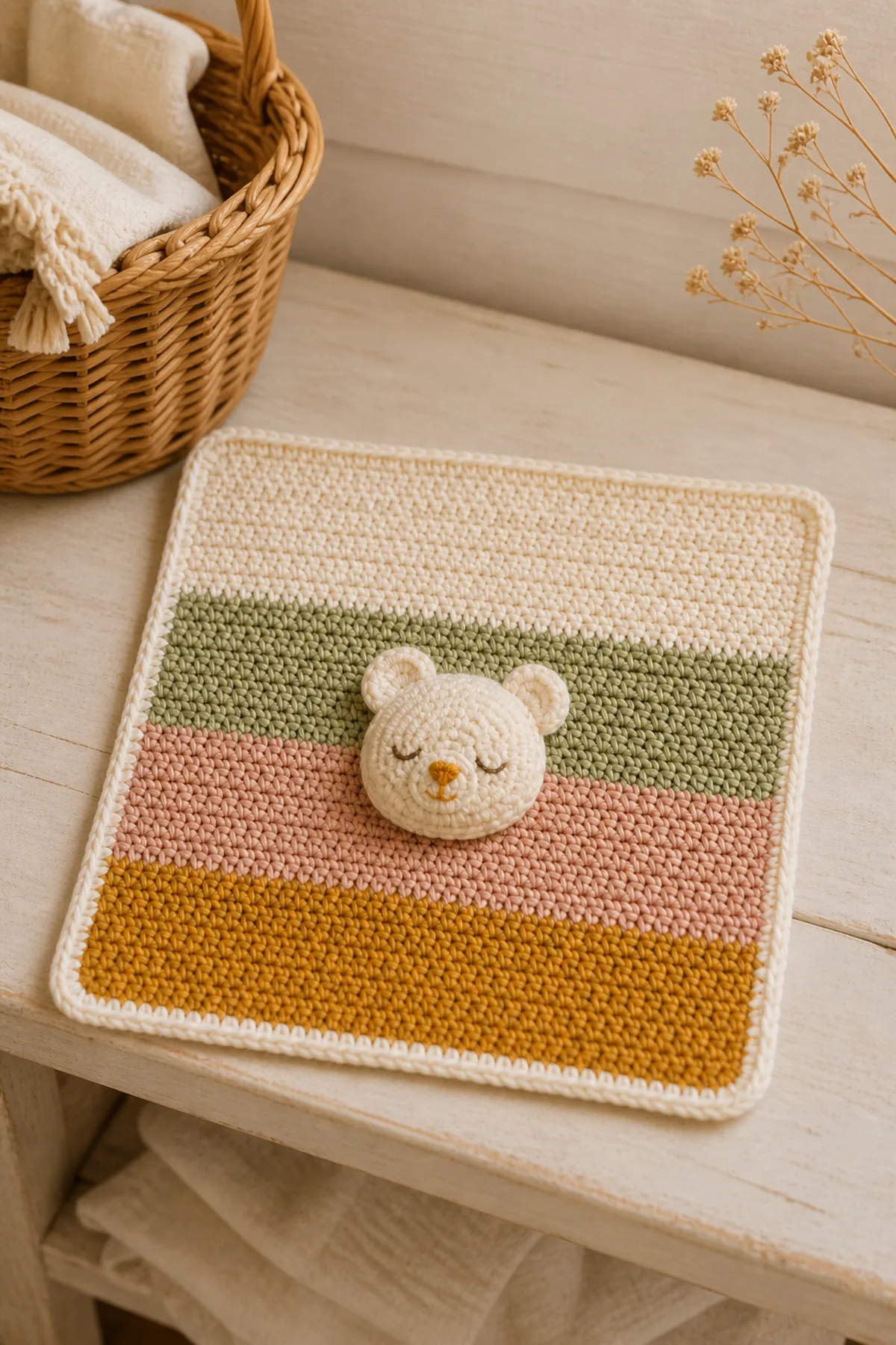 Finished blanket baby lovey mod crochet pattern styled in a calm bright nursery setting without a baby present