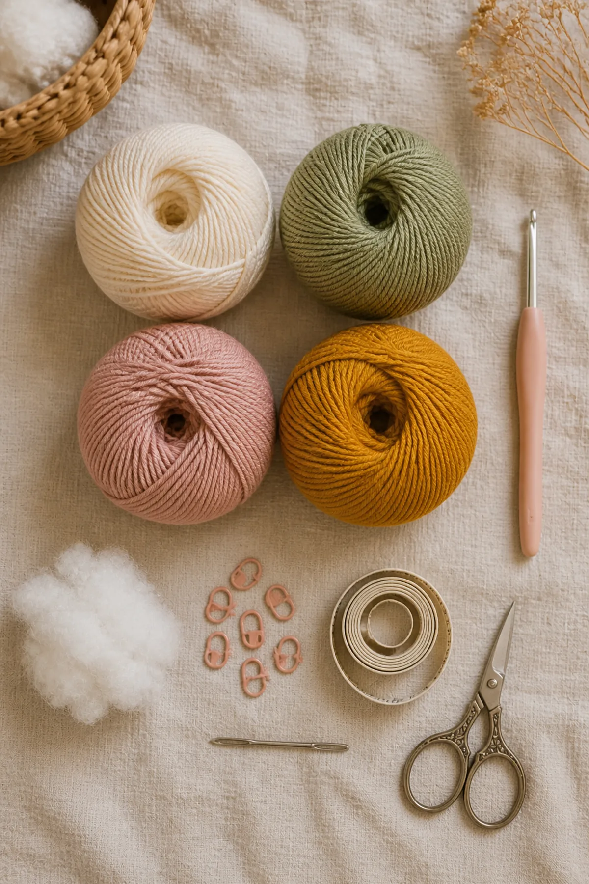 Baby-friendly yarn, crochet hook, stitch markers, tape measure, yarn needle, and scissors for blanket baby lovey mod crochet pattern