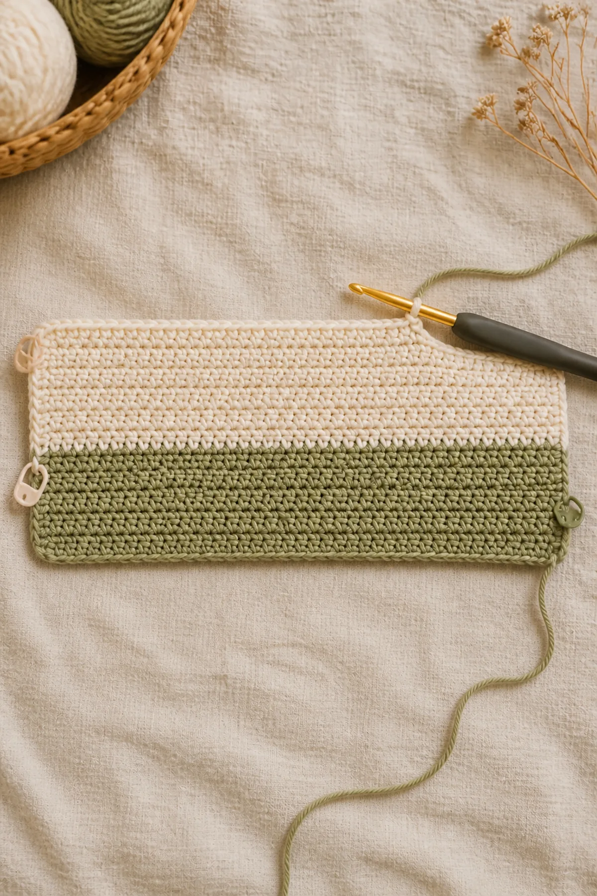 Early counted crochet stage of blanket baby lovey mod crochet pattern with matching yarn and hook