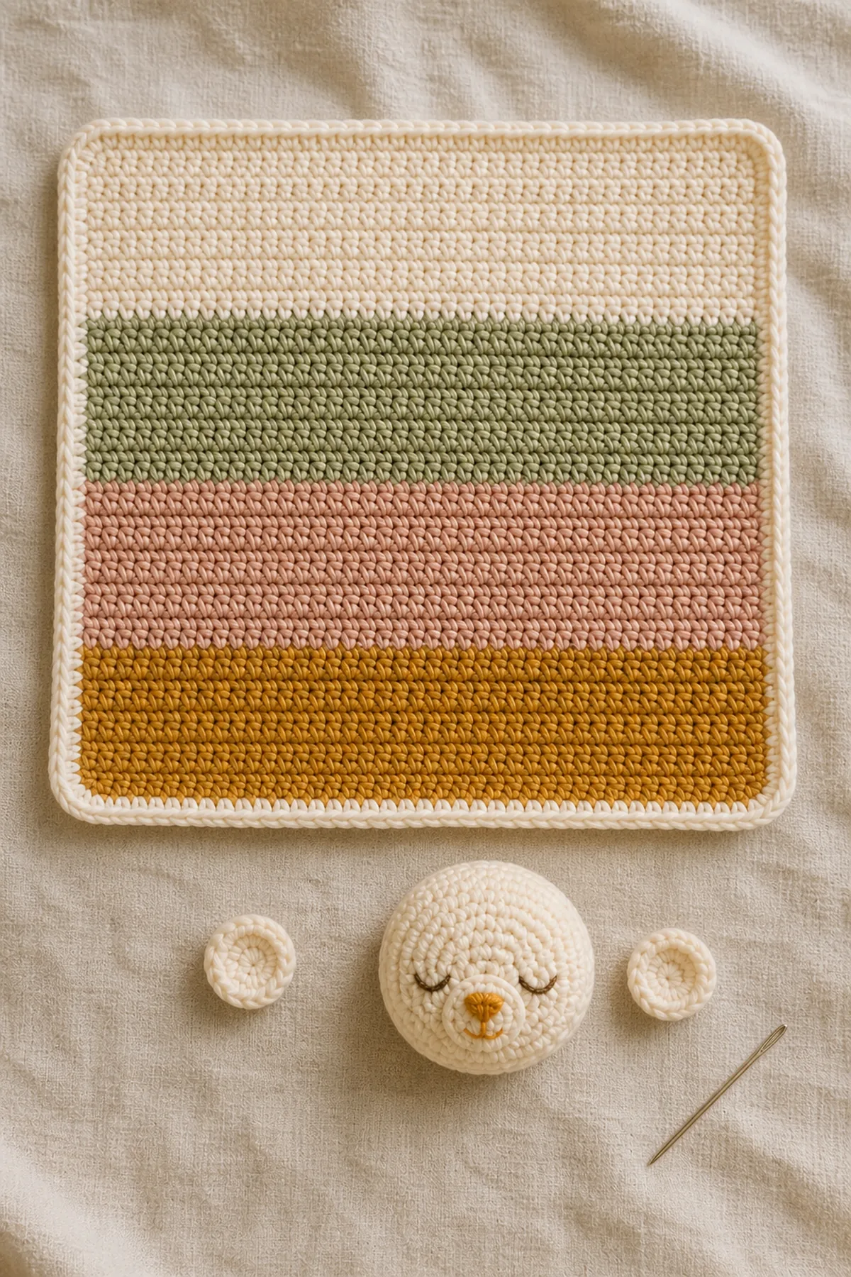 Blocked four-band lovey square with separate cream bear head and two flat ears before assembly