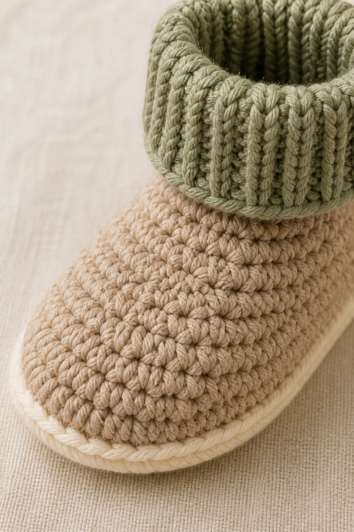 Close-up of the shaped toe, cream sole edge, and flexible folded sage cuff