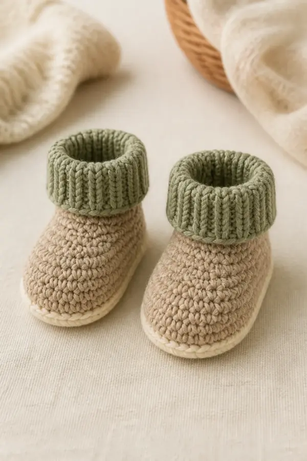 Matching oatmeal baby booties with cream soles and folded sage ribbed cuffs
