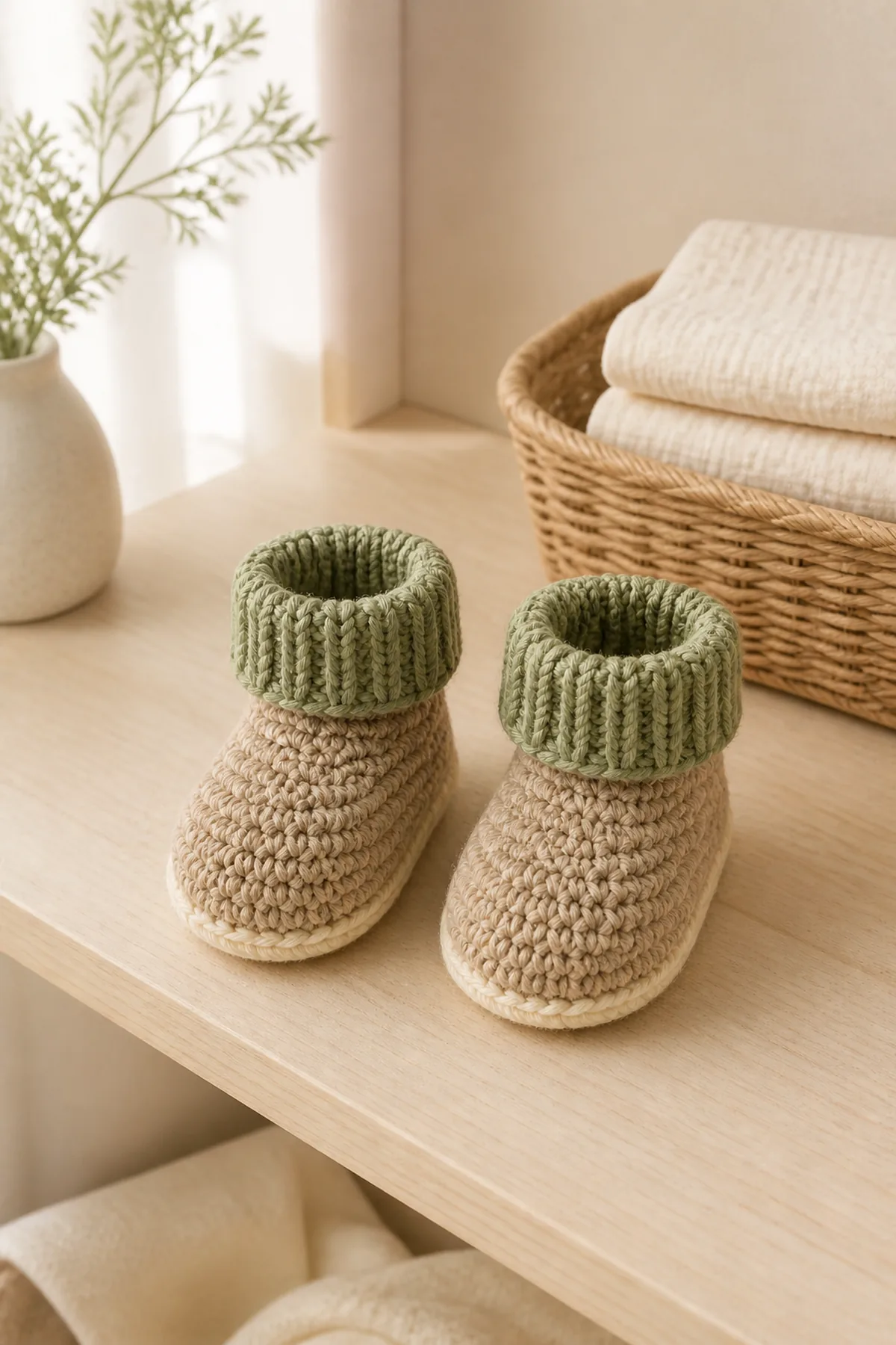 Finished classic crochet baby booties with folded cuff - free pattern styled in a calm bright nursery setting without a baby present