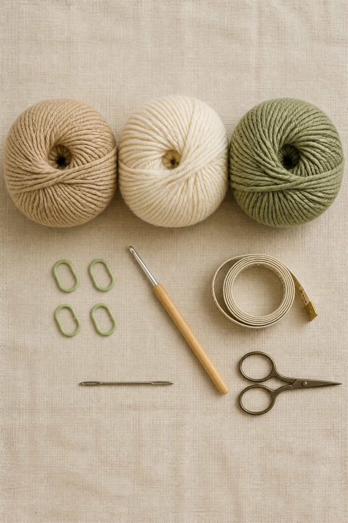 Baby-friendly yarn, crochet hook, stitch markers, tape measure, yarn needle, and scissors for classic crochet baby booties with folded cuff - free pattern
