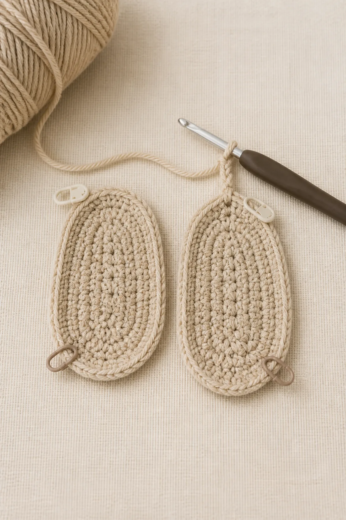 Early counted crochet stage of classic crochet baby booties with folded cuff - free pattern with matching yarn and hook