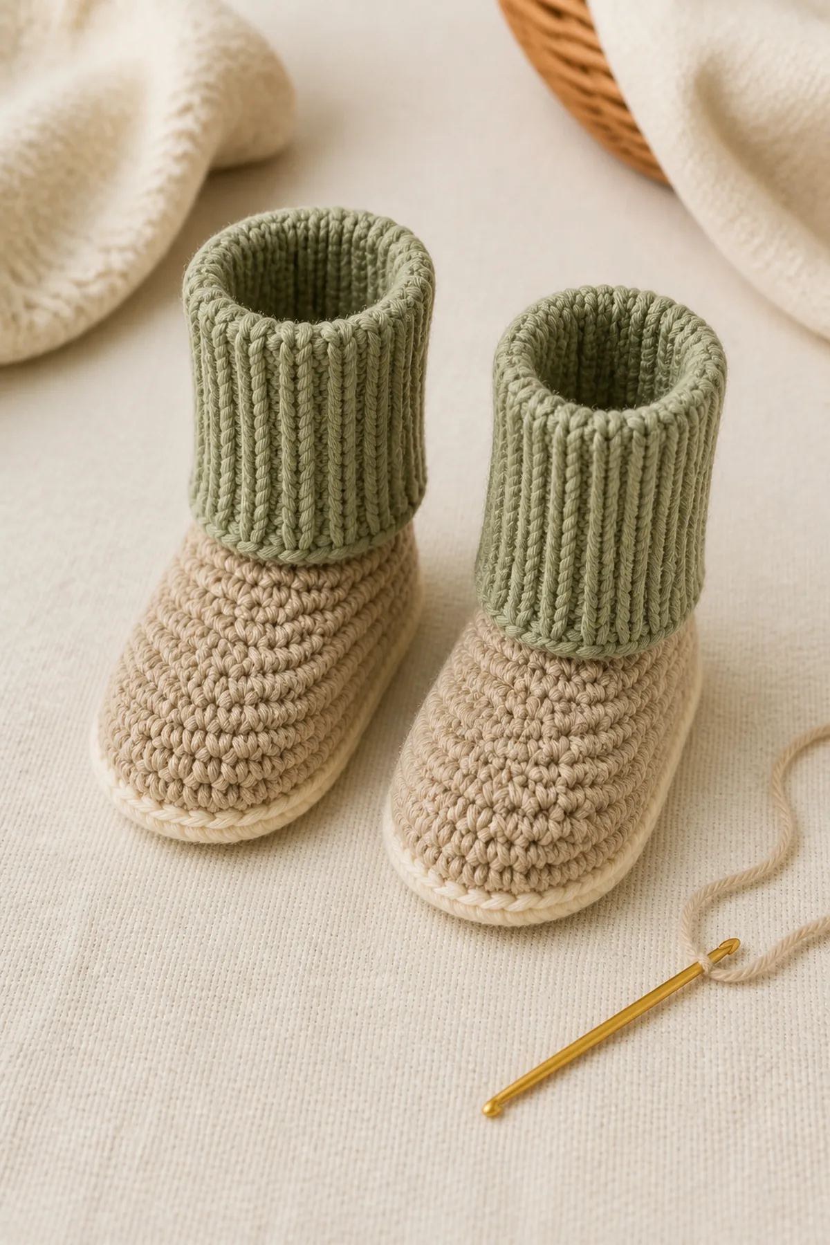 Two shaped oatmeal bootie uppers with tall unfolded sage ribbing before cuff folding