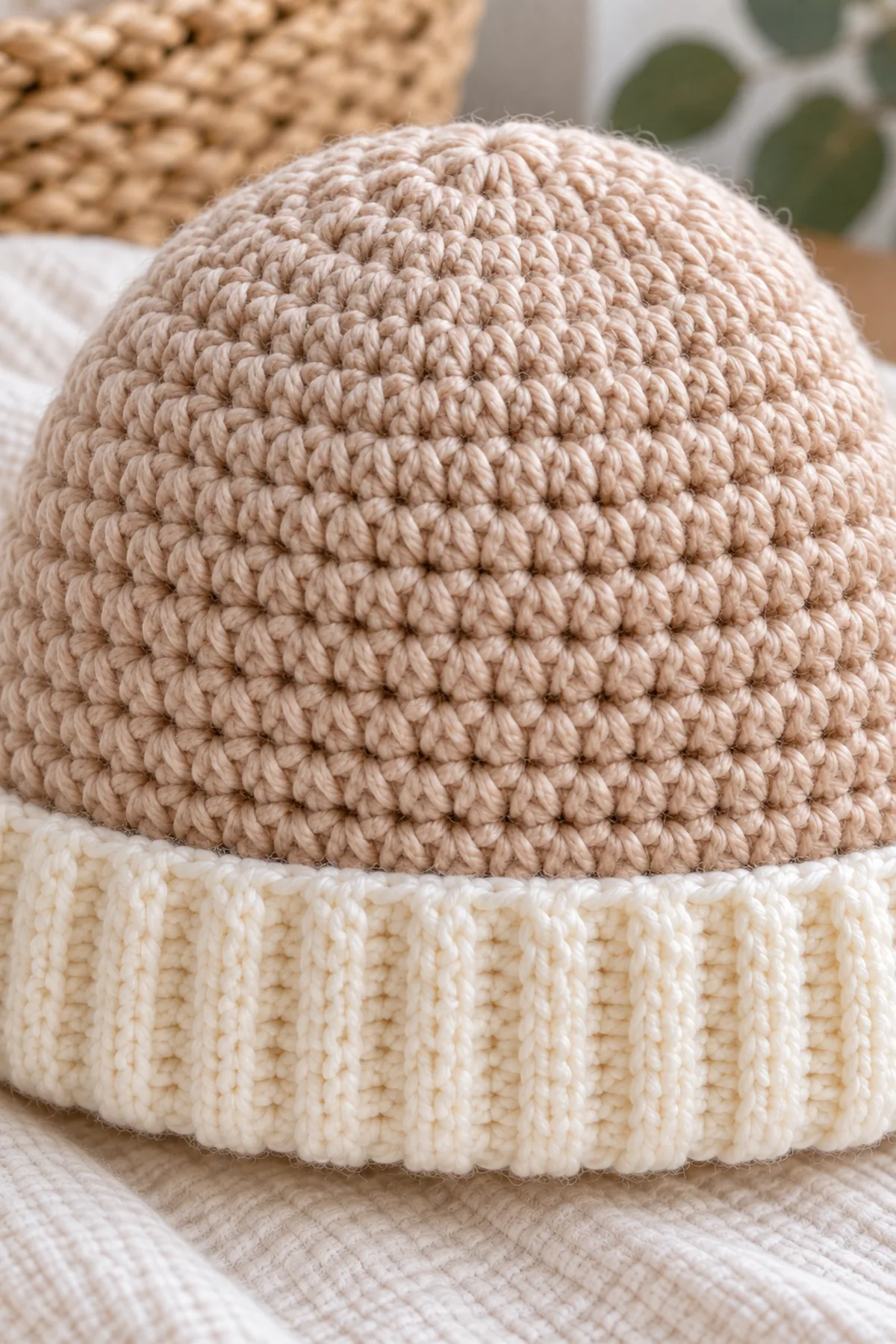 Close view of almond crown stitches and flexible cream alternating-loop folded brim