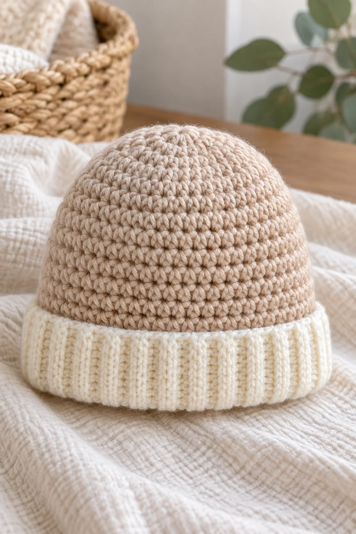 Finished almond-beige seamless crochet newborn beanie with softly folded cream ribbed brim