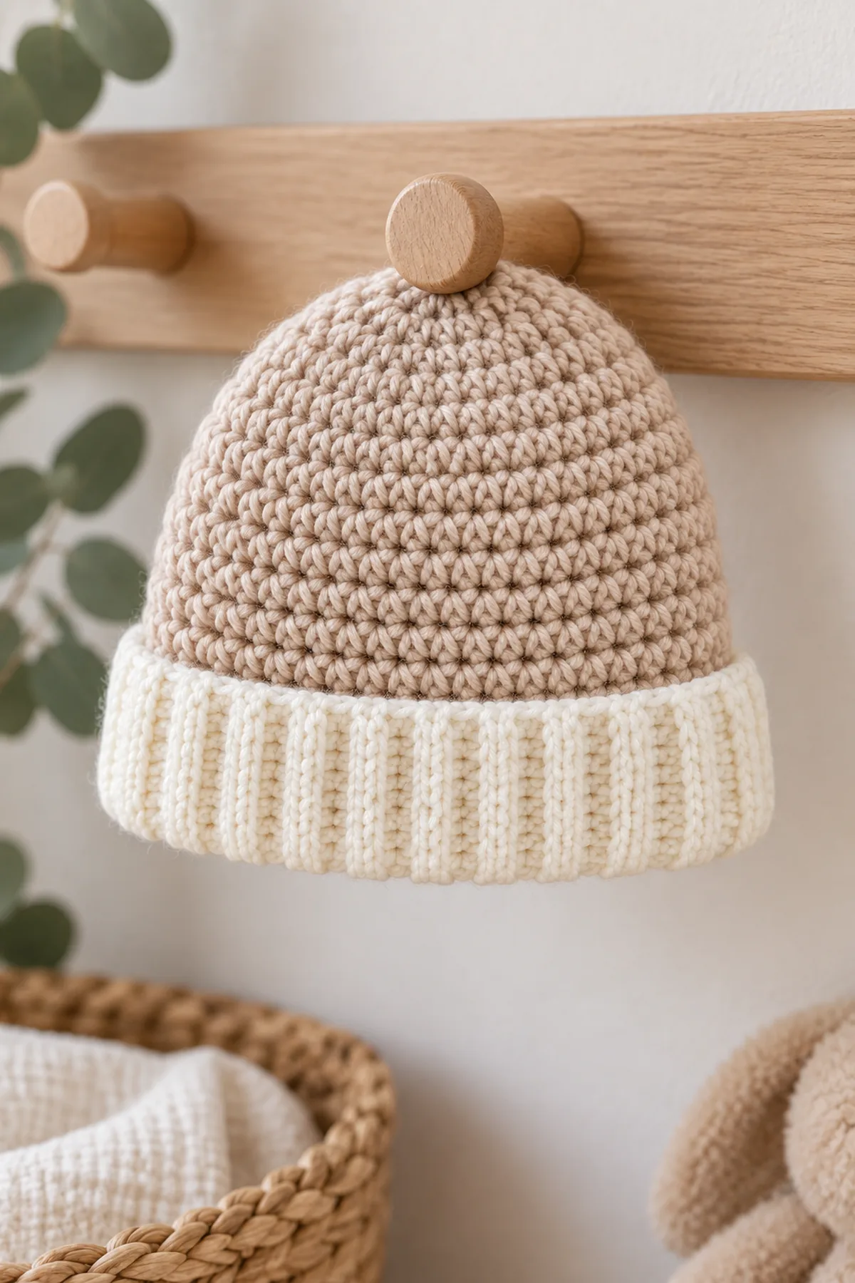 Finished almond and cream fold-brim baby beanie displayed on a plain wooden nursery peg without a baby