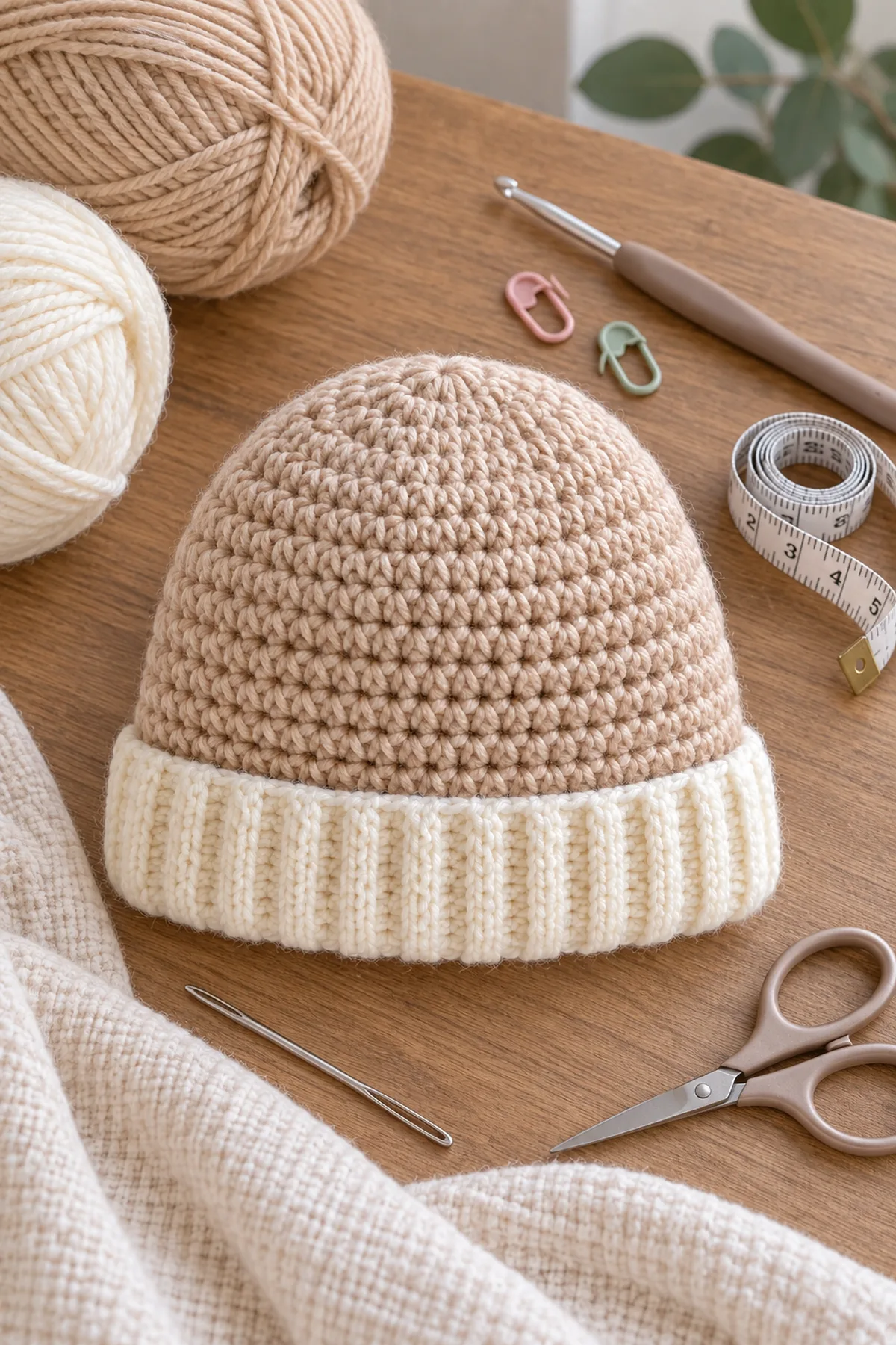 Almond and cream DK yarn, 3.5 mm hook, two markers, tape measure, needle, and scissors