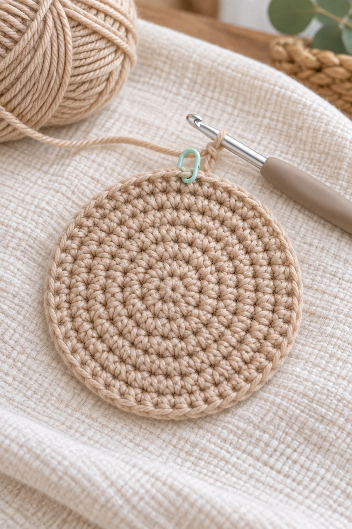 Flat almond crochet beanie crown increased evenly to 40 stitches with marker and hook