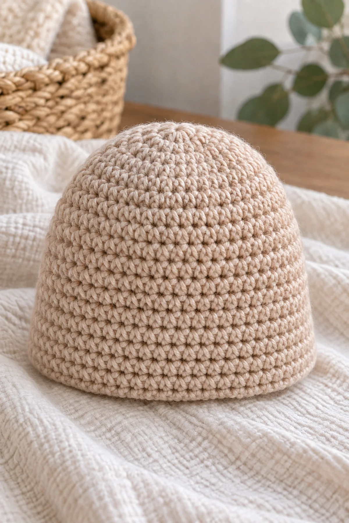Unfinished almond beanie after straight depth rounds and before the cream folded brim