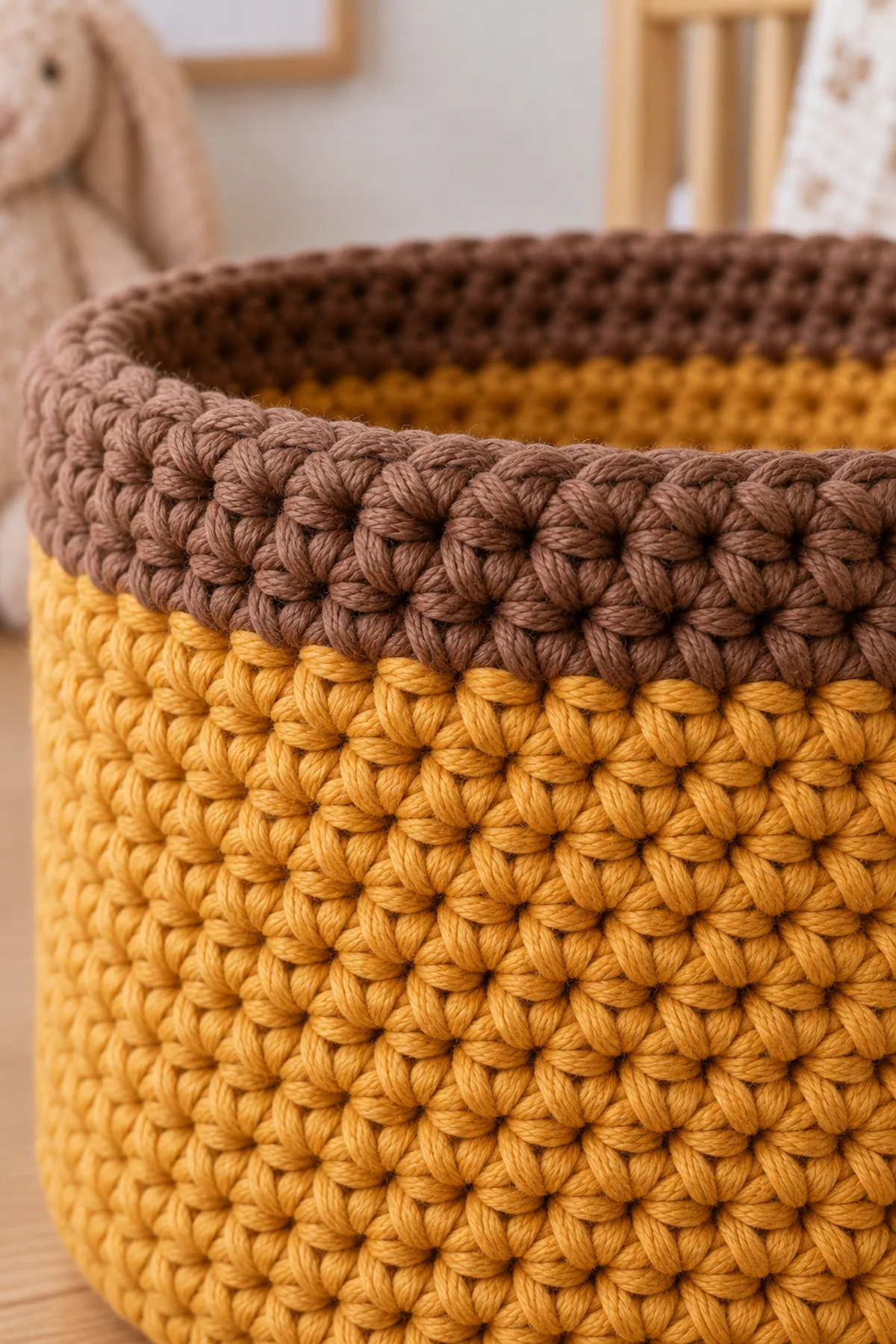 Close view of dense amber single-crochet basket sides and substantial acorn-brown reverse-single-crochet rim