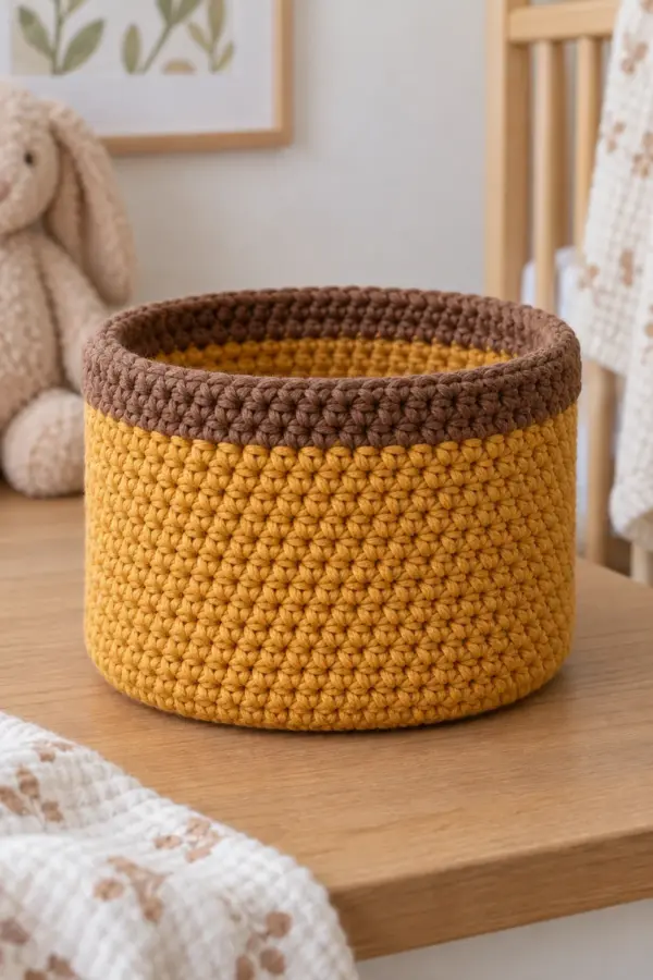 Compact amber-gold cotton crochet nursery basket with flat base straight sides and substantial acorn-brown rim