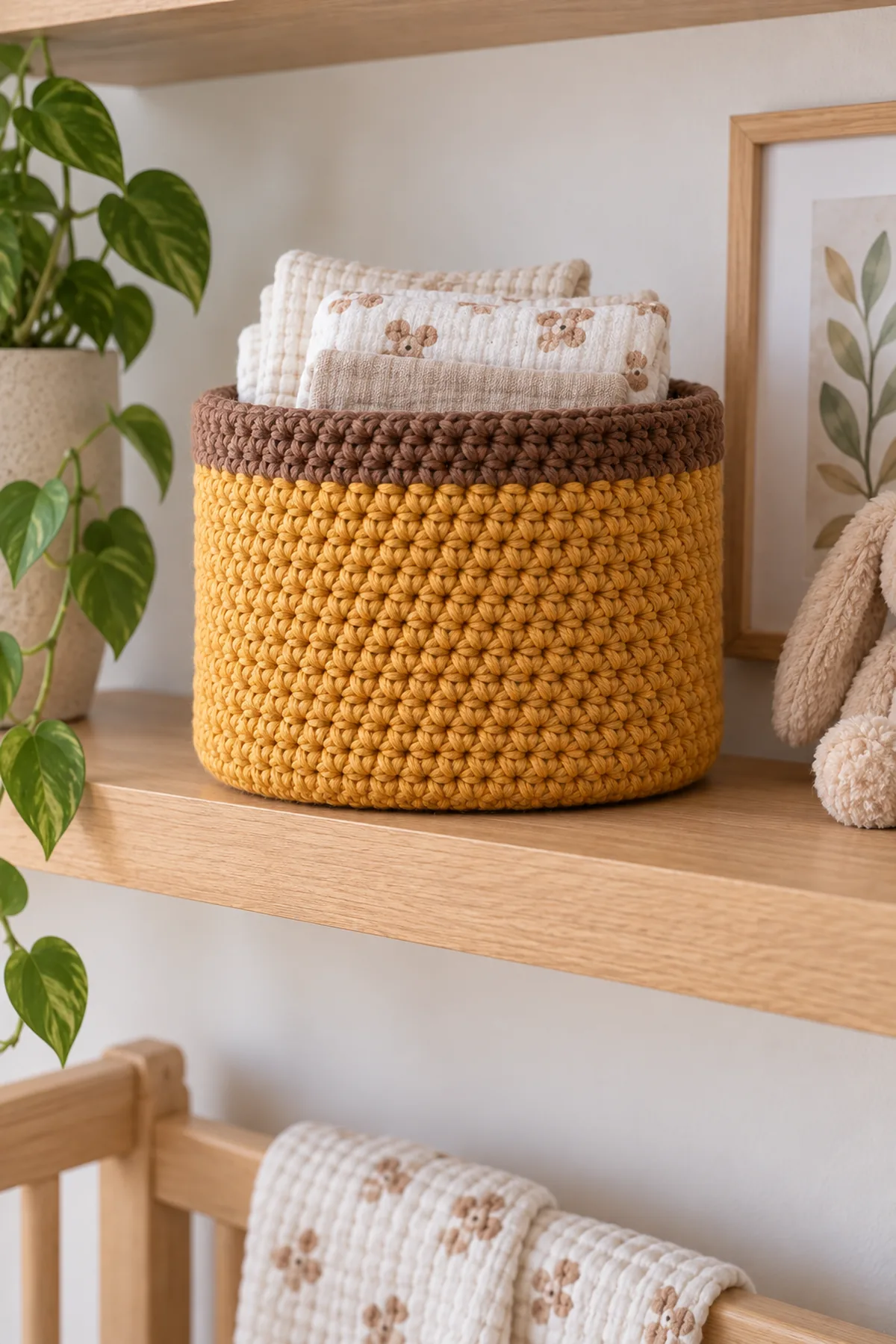 Finished amber and acorn handle-free nursery basket holding folded cloths on an out-of-reach shelf