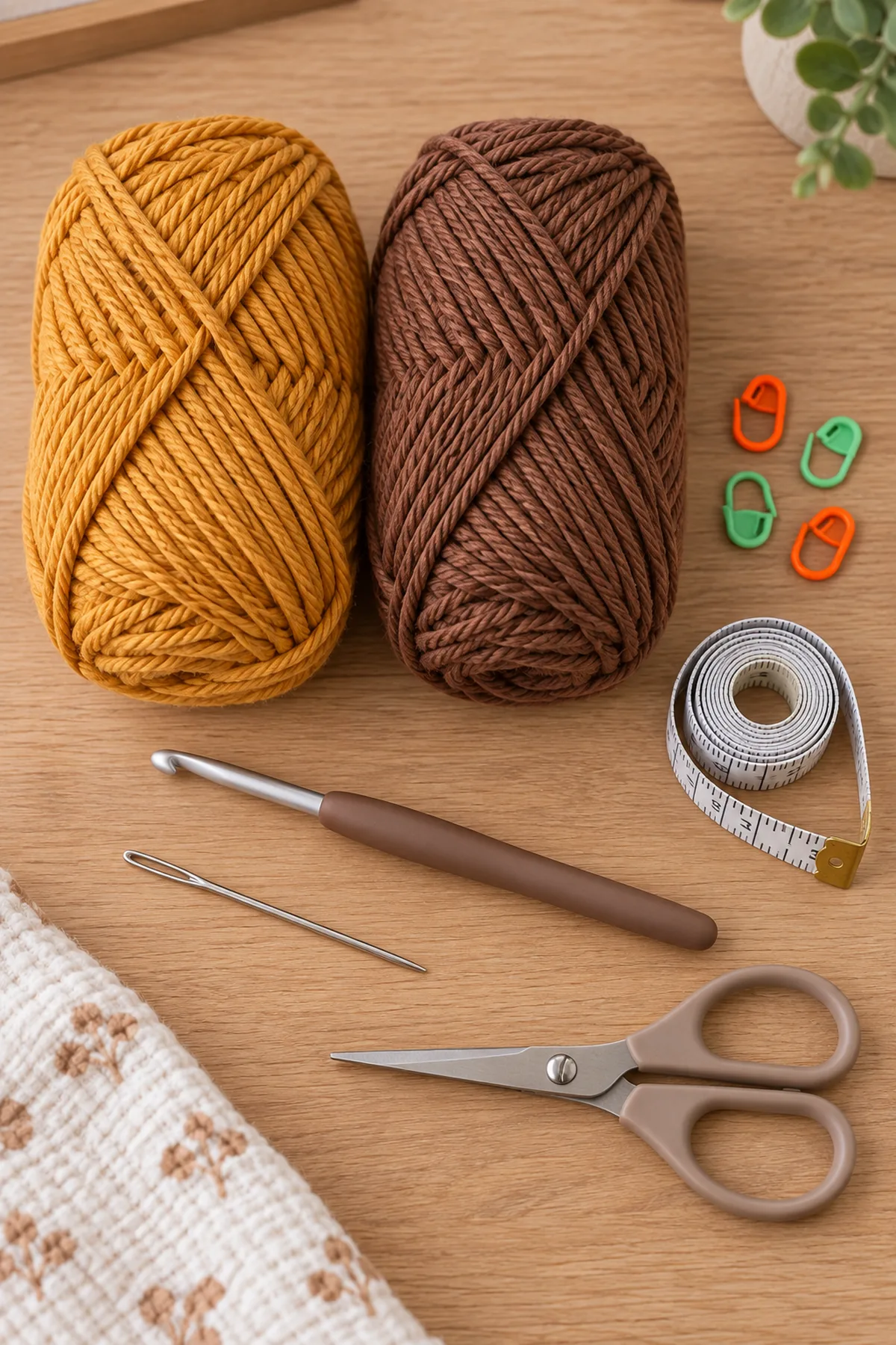 Amber-gold and acorn-brown worsted cotton yarn, 5 mm hook, markers, tape measure, needle, and scissors