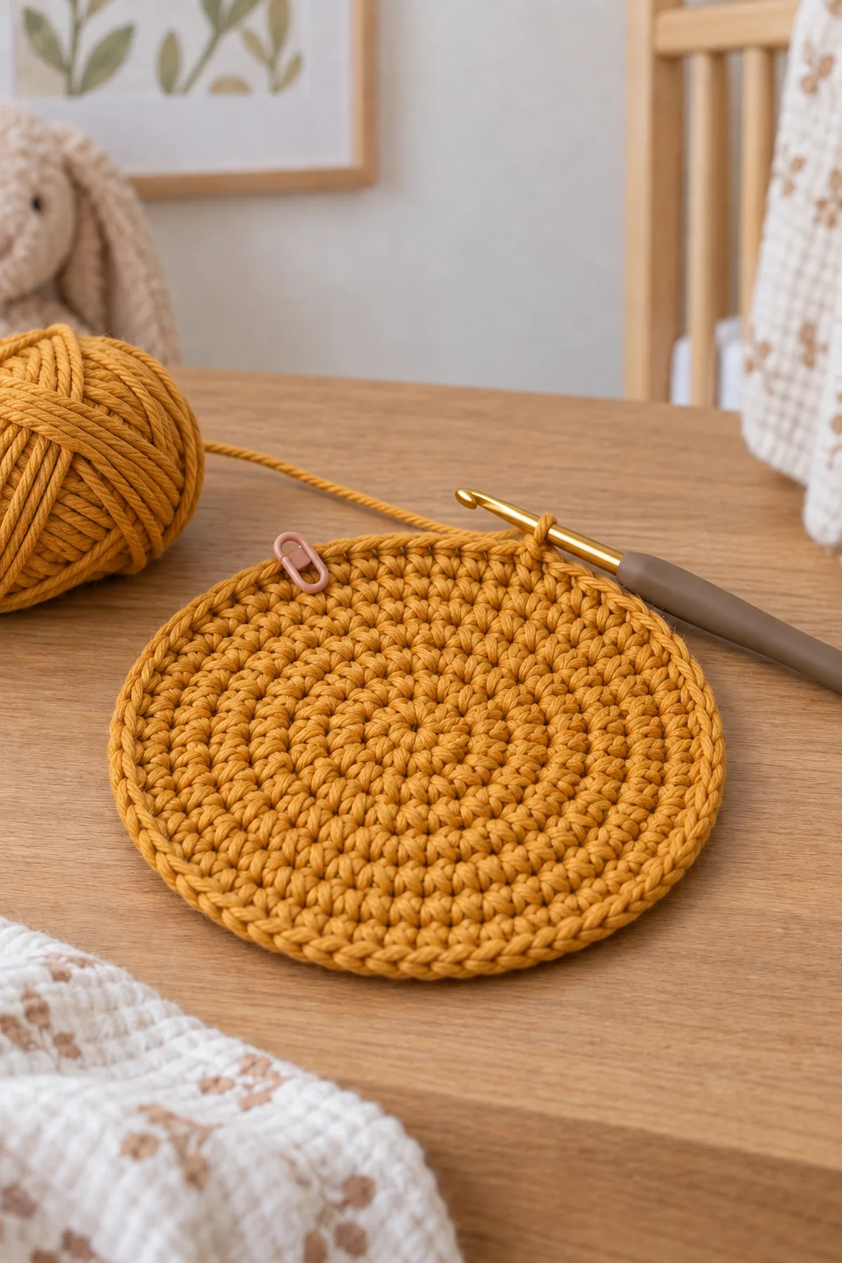 Early flat amber-gold circular basket base with evenly spaced counted increases and hook