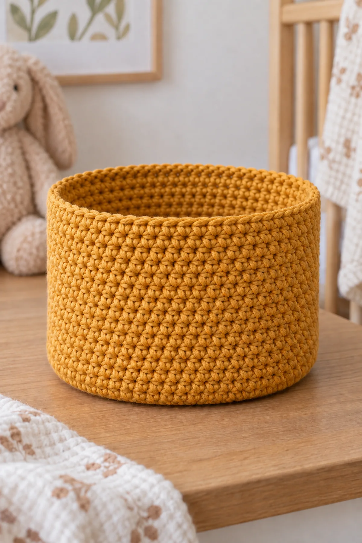 Amber-gold nursery basket after straight side rounds and before the acorn-brown rim