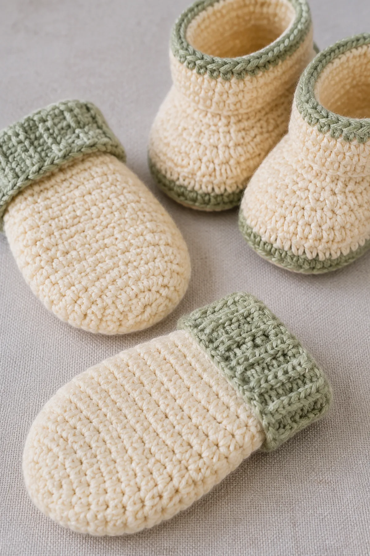Finished crochet baby ankle booties styled in a calm bright nursery setting without a baby present