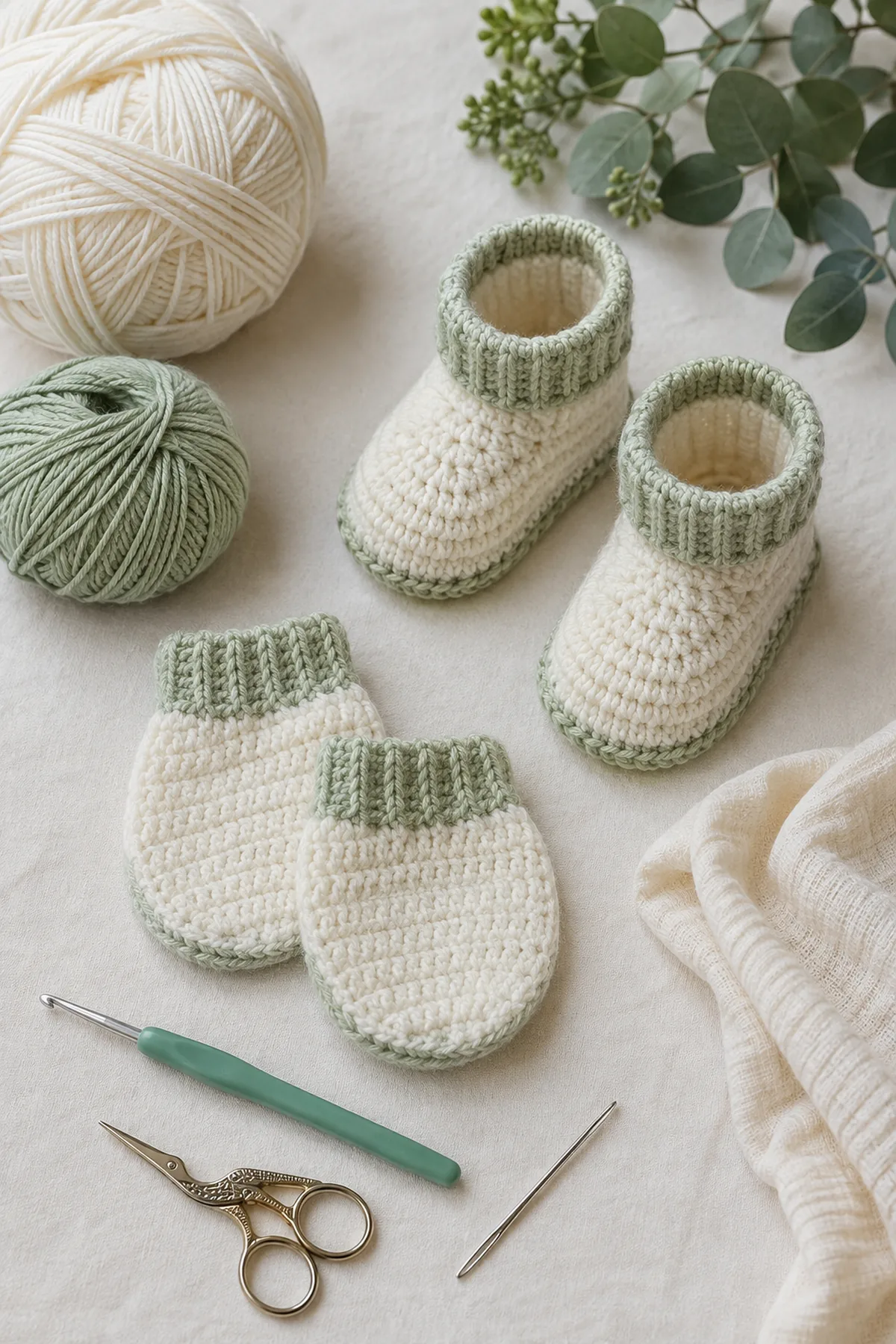 Early counted crochet stage of crochet baby ankle booties with matching yarn and hook