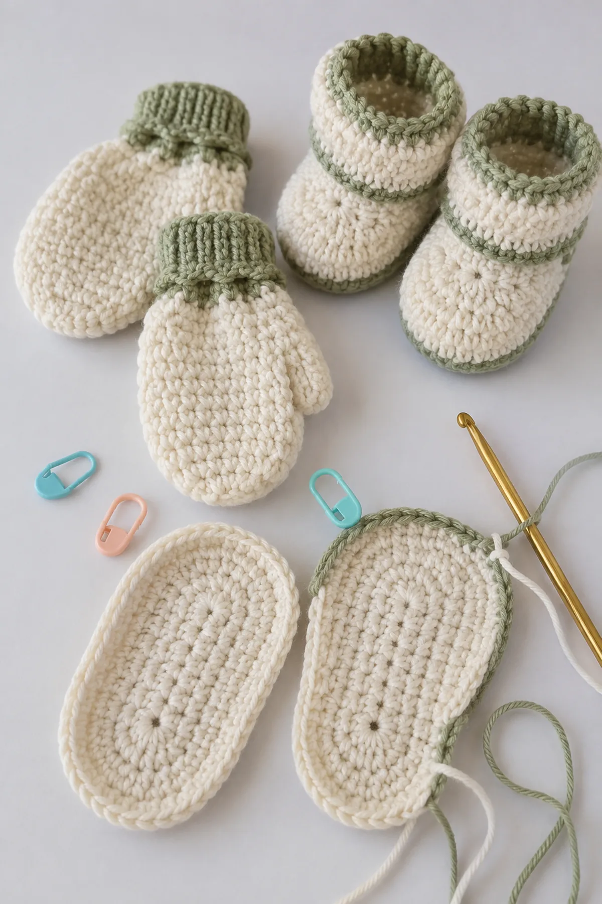 Mid-process construction of crochet baby ankle booties showing the established shape