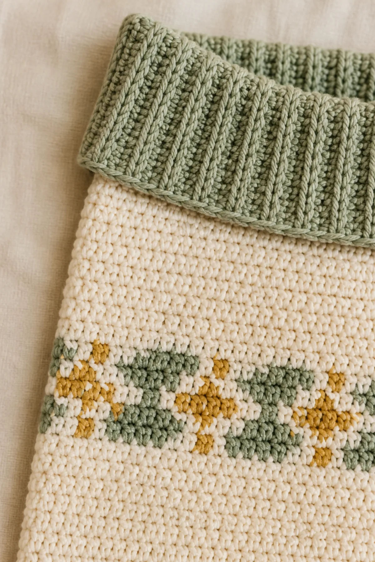 Close-up of smooth half double crochet, clean color changes, and flexible sage ribbing