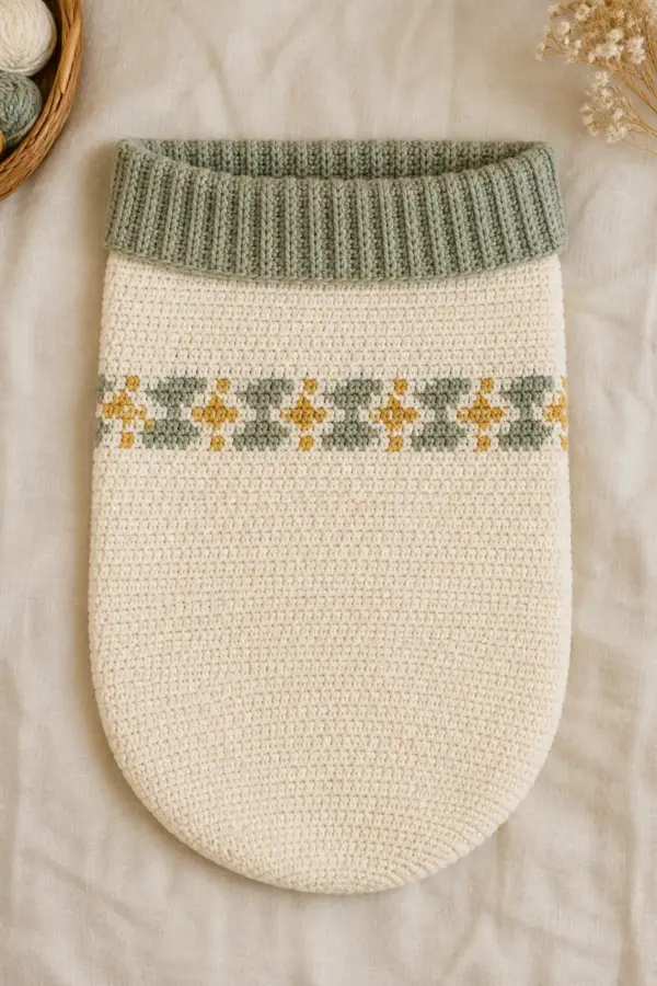 Finished cream baby bunting bag with one sage-and-honey band and a folded sage opening