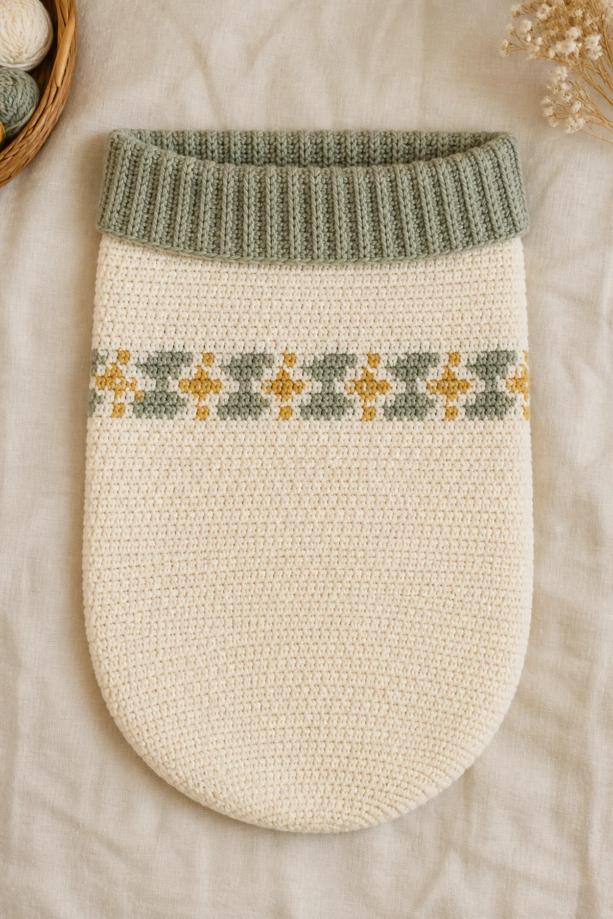 Finished cream baby bunting bag with one sage-and-honey band and a folded sage opening