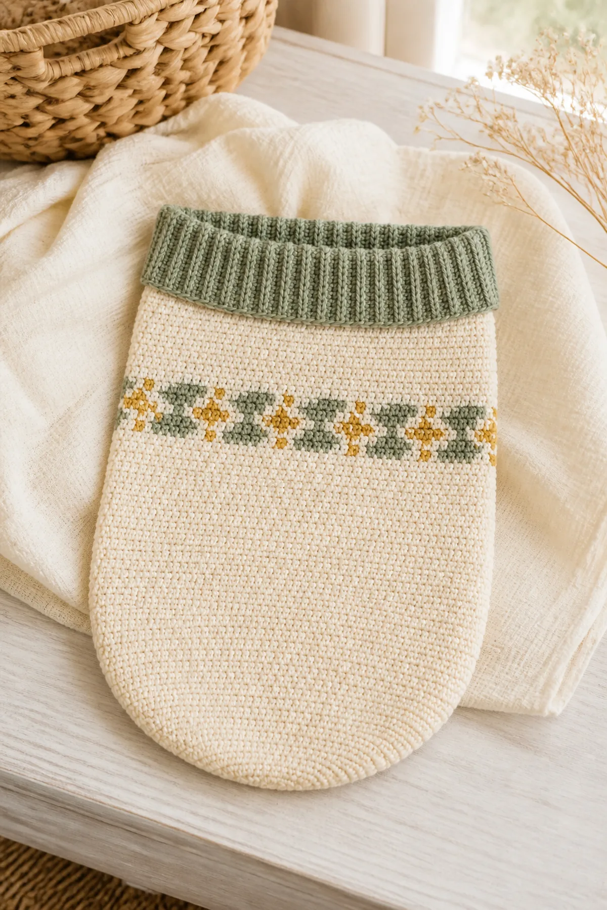 Finished crochet baby bunting bag pattern styled in a calm bright nursery setting without a baby present