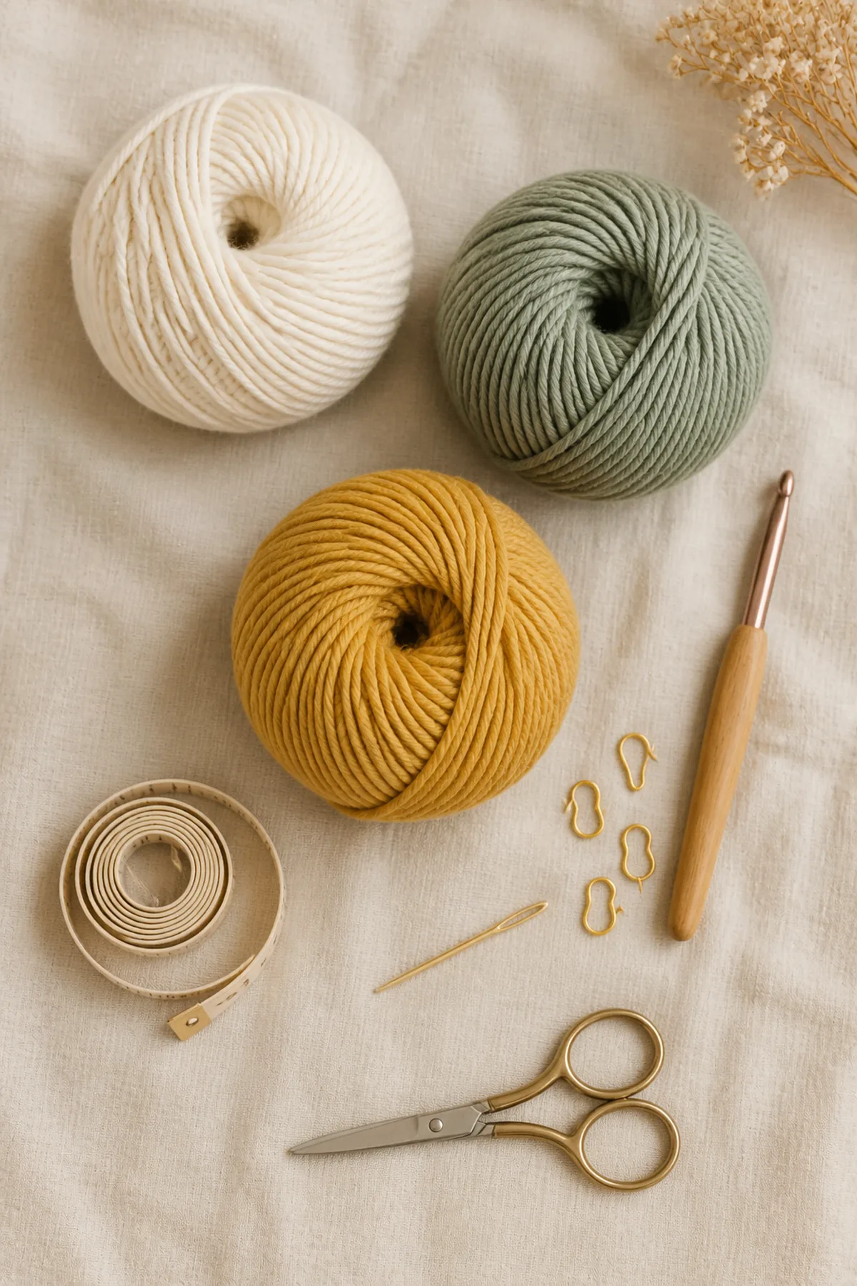 Baby-friendly yarn, crochet hook, stitch markers, tape measure, yarn needle, and scissors for crochet baby bunting bag pattern