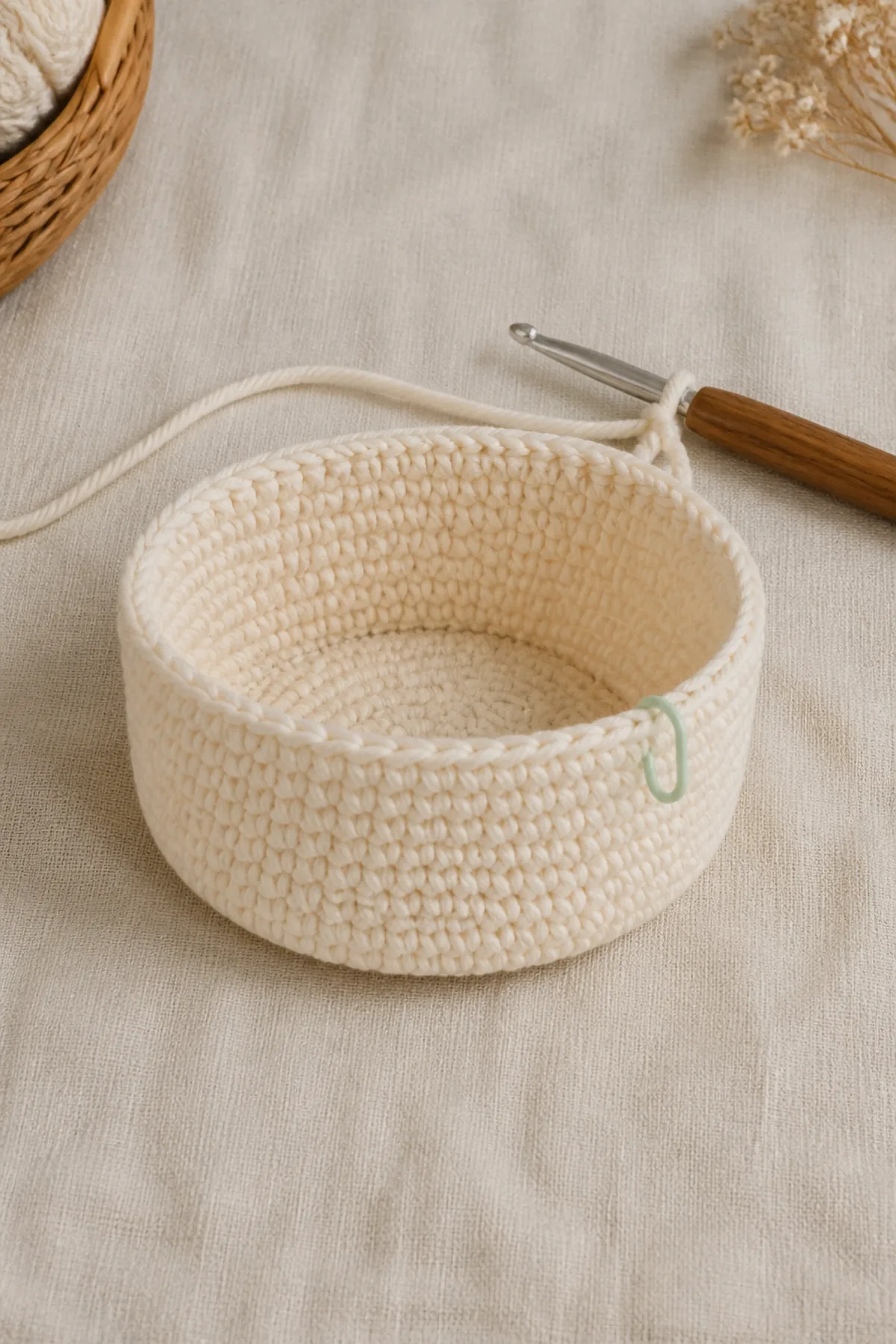 Early counted crochet stage of crochet baby bunting bag pattern with matching yarn and hook