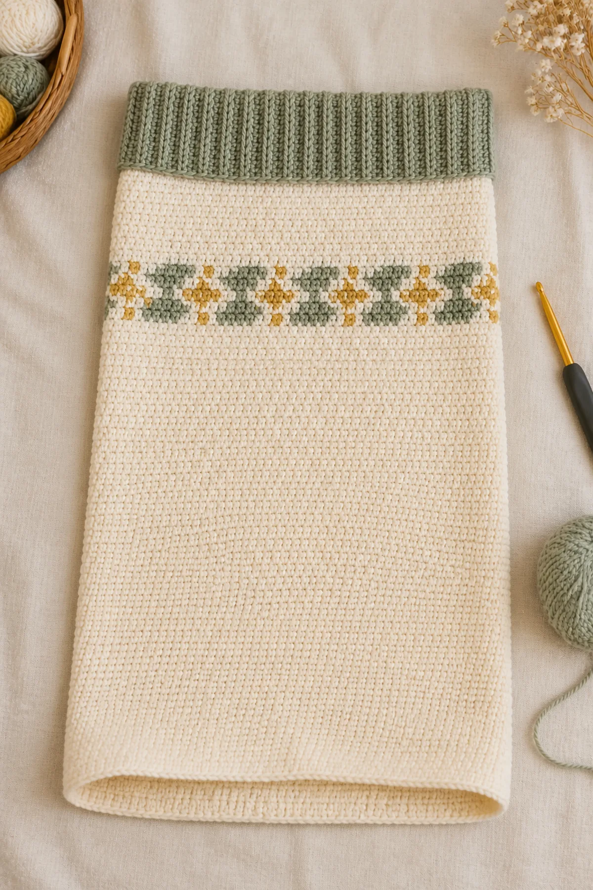 Cream bunting tube with flat sage-and-honey geometric band before lower closure