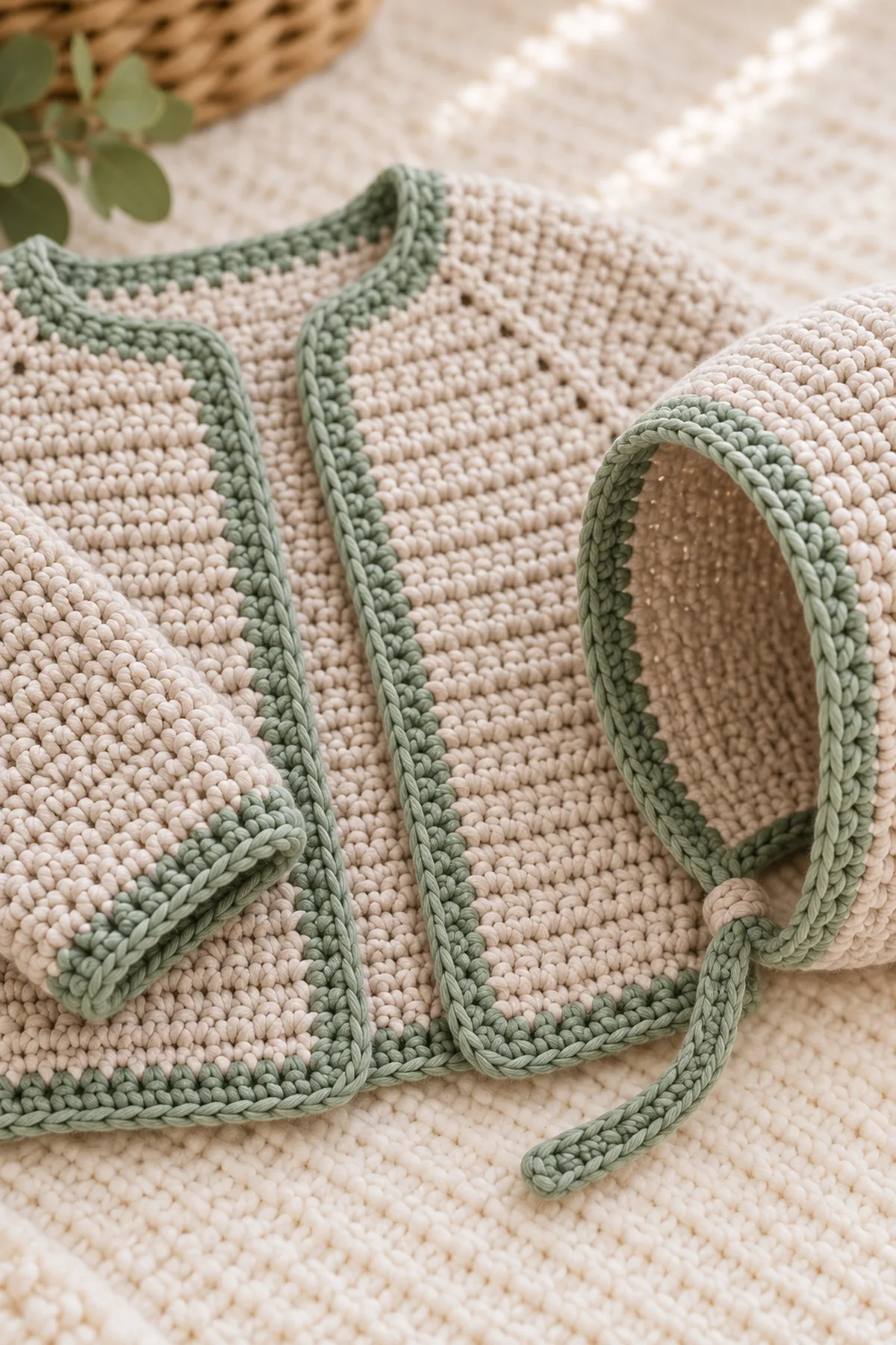 Close-up of matching sage edging on button-free cardigan front and bonnet face opening with securely finished short tie