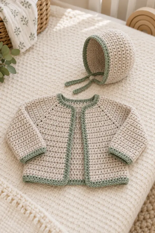 Complete matching oatmeal baby set with button-free sage-edged cardigan and upright sage-edged bonnet with short ties