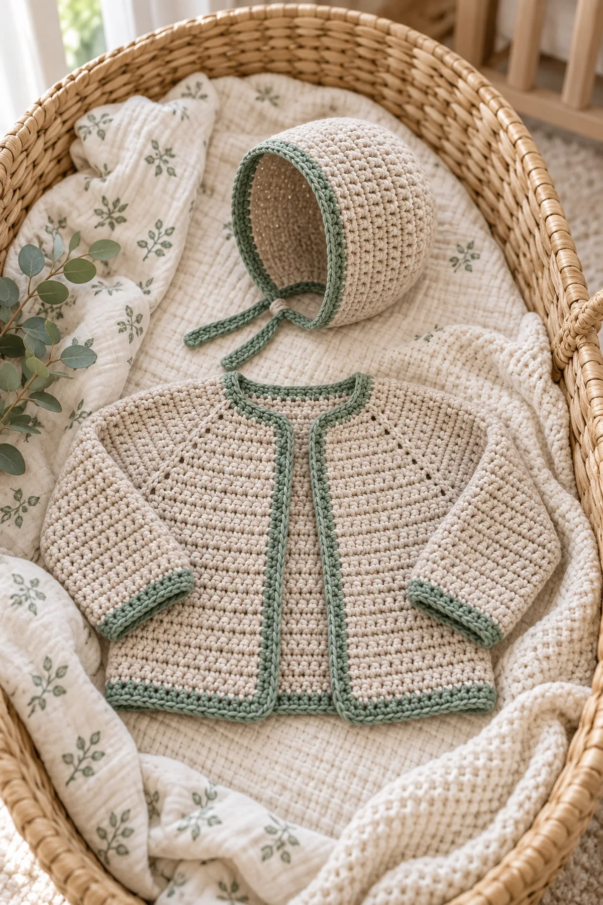 Completed oatmeal and sage baby cardigan and matching bonnet styled together on a neutral nursery surface without a baby