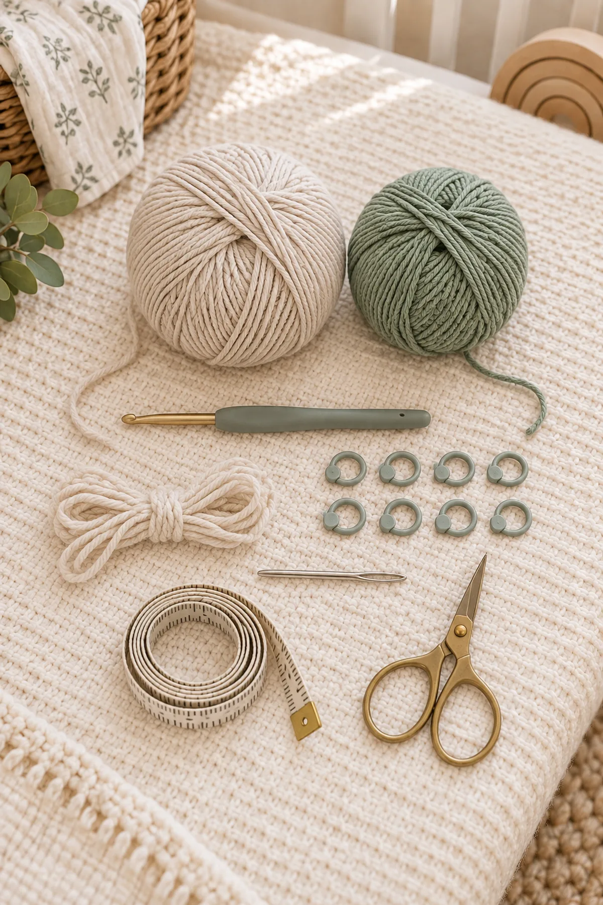 Oatmeal and sage DK yarn, 4 mm hook, eight markers, waste yarn, tape measure, yarn needle, and scissors for a cardigan and bonnet set