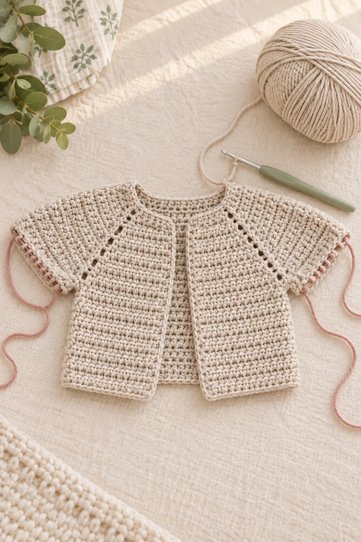Top-down oatmeal cardigan yoke with four marked raglan lines and sleeves ready for separation