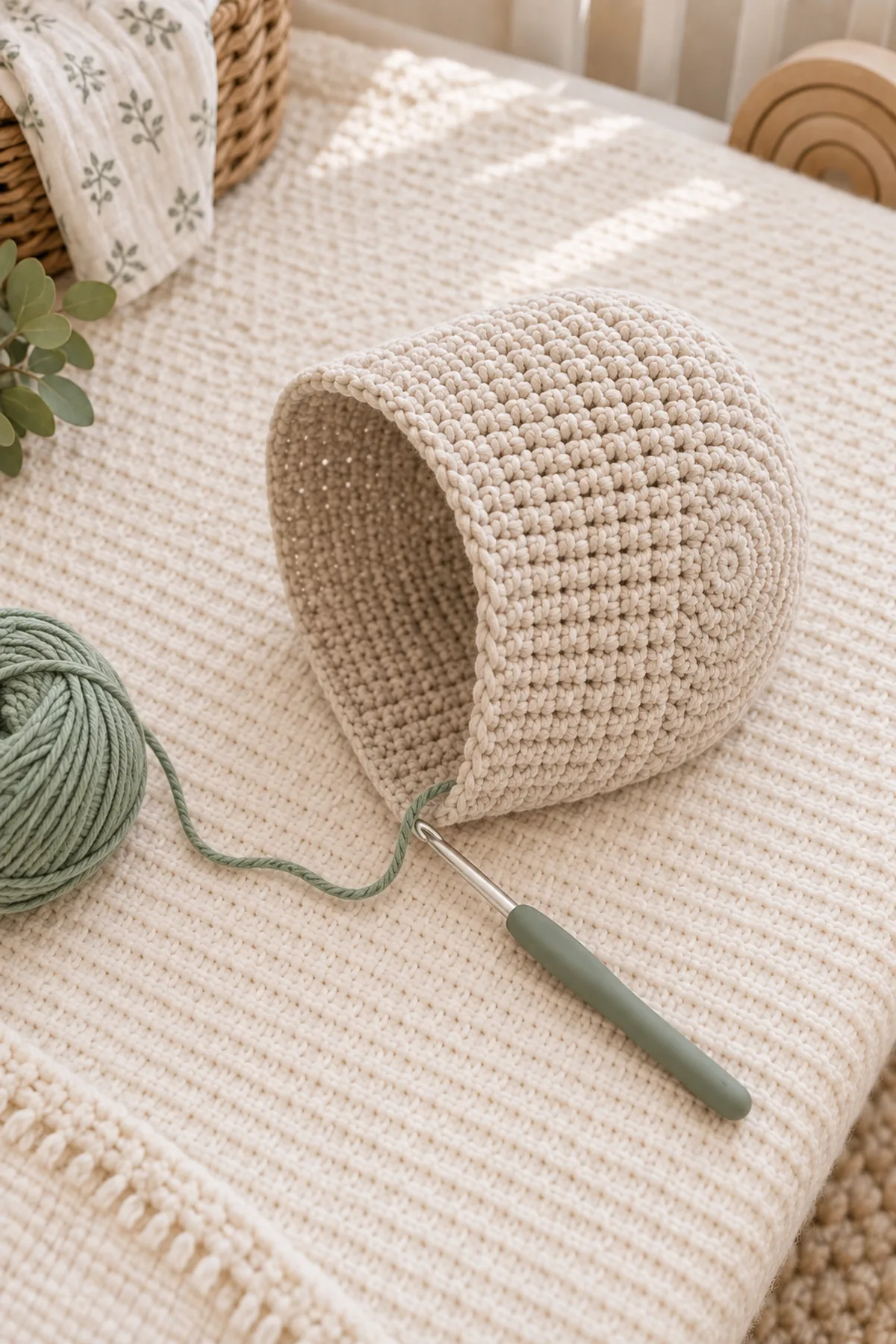 Counted oatmeal 32-stitch bonnet crown with turned side rows and sage yarn ready for edging