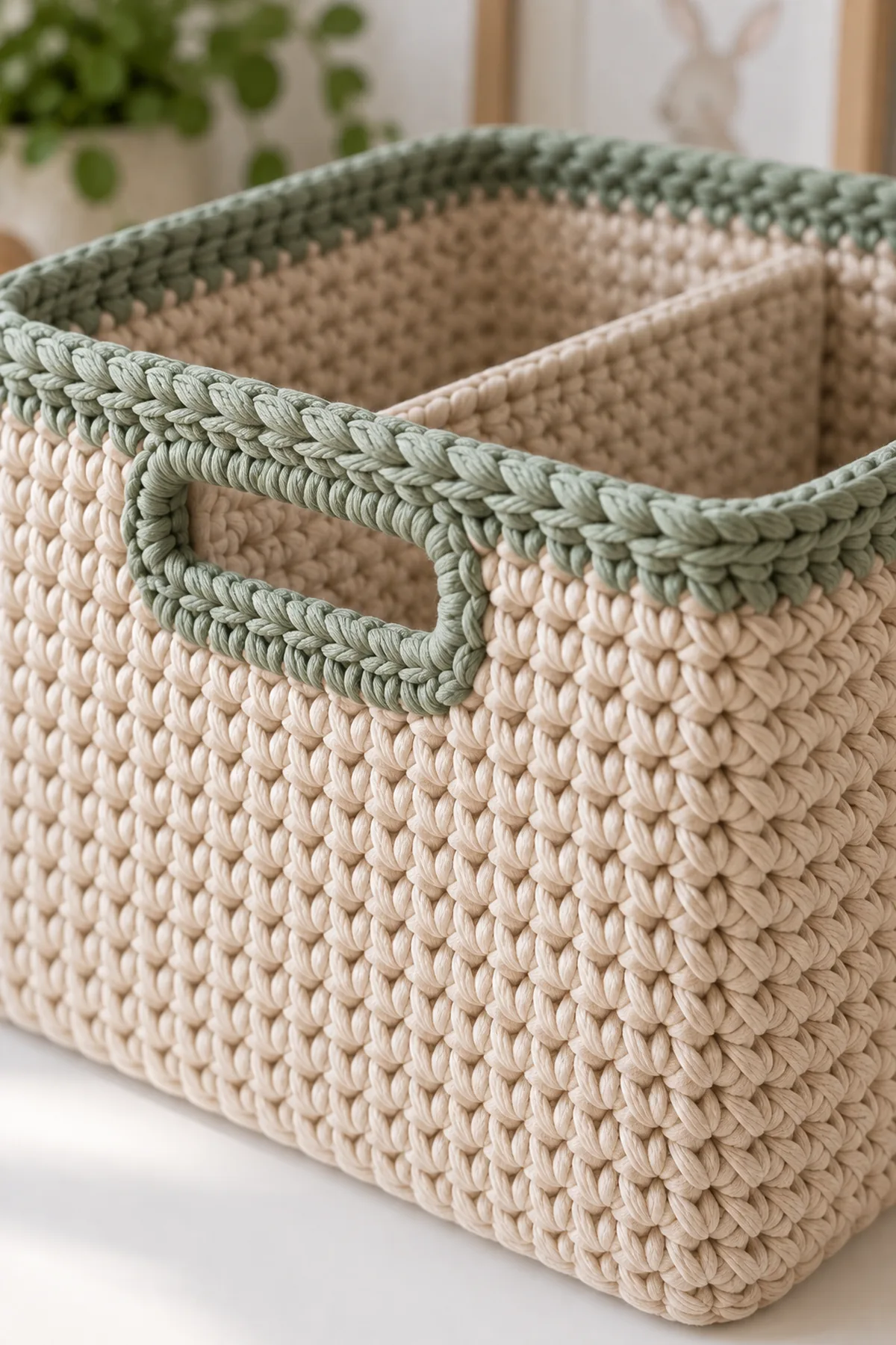 Close-up of one sage reinforced crochet handle opening, firm rim, squared corner, and securely sewn internal divider