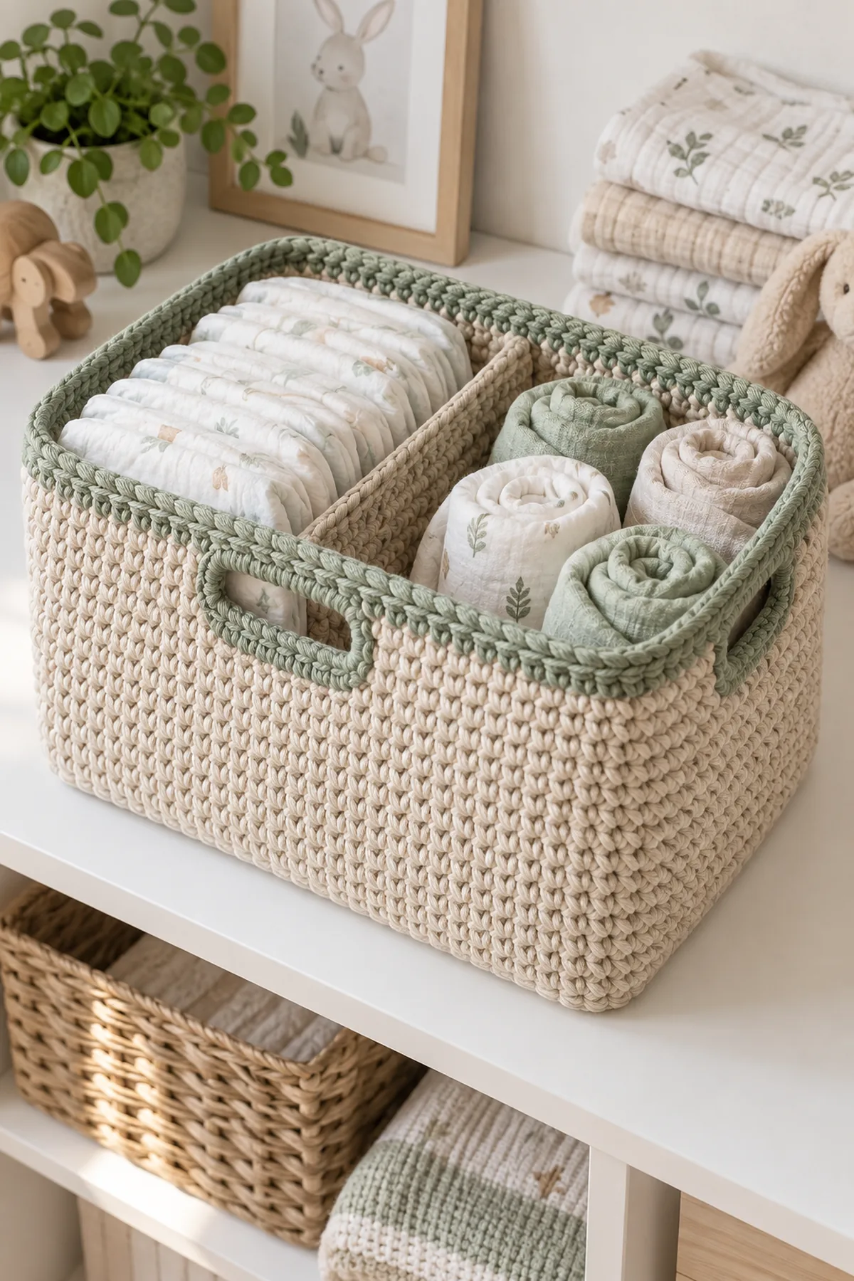 Large practical oatmeal crochet diaper caddy measuring 14 by 9 by 8 inches with upright walls, two sage reinforced handles, and internal divider