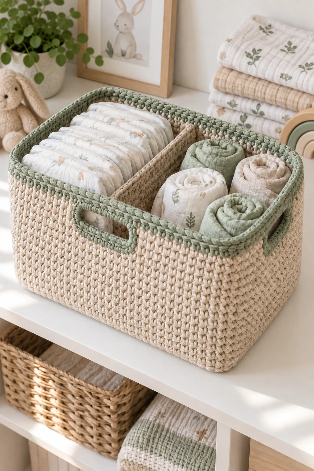 Finished full-size oatmeal and sage crochet diaper caddy organized with folded diapers and rolled muslin cloths on a nursery shelf without a baby