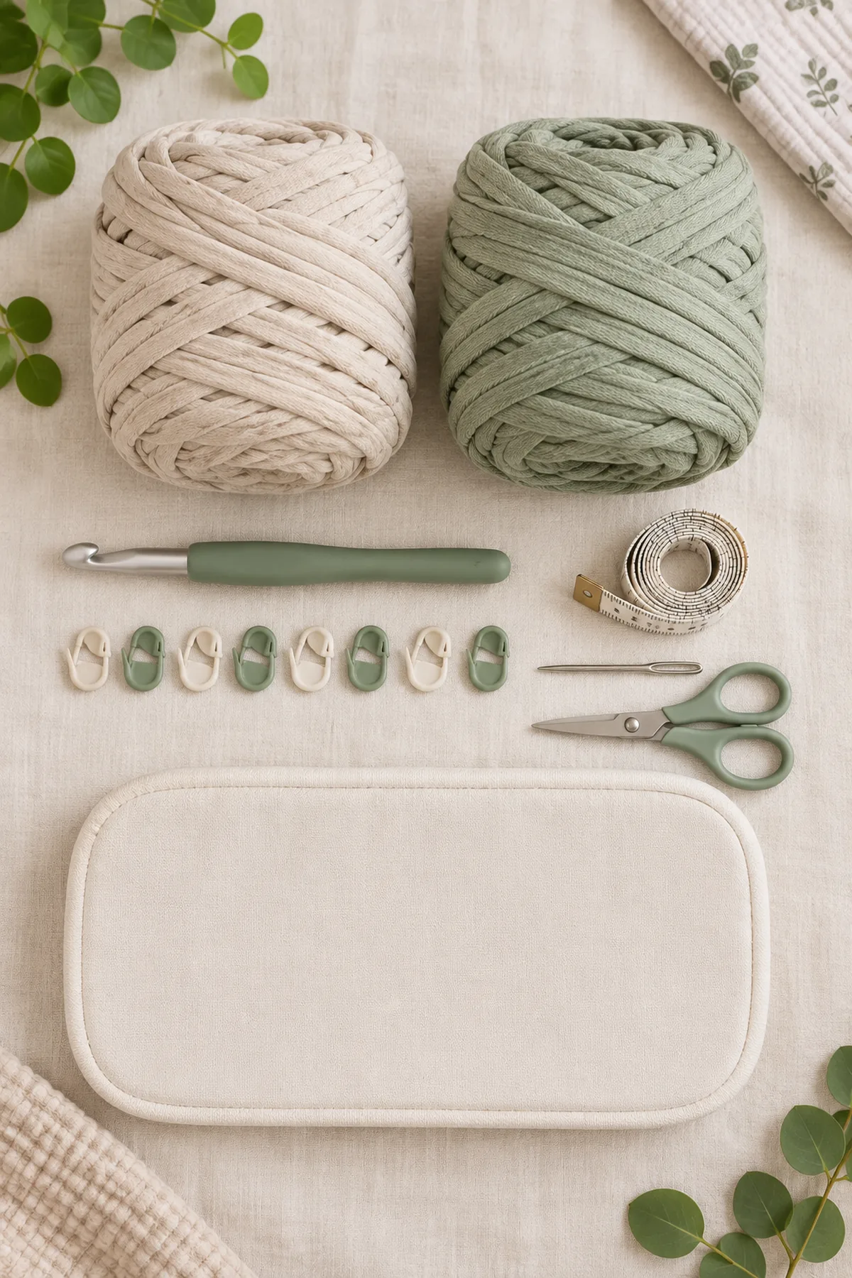 Oatmeal and sage super-bulky cotton tape yarn, 7 mm hook, markers, optional enclosed base insert, tape measure, yarn needle, and scissors for a diaper caddy