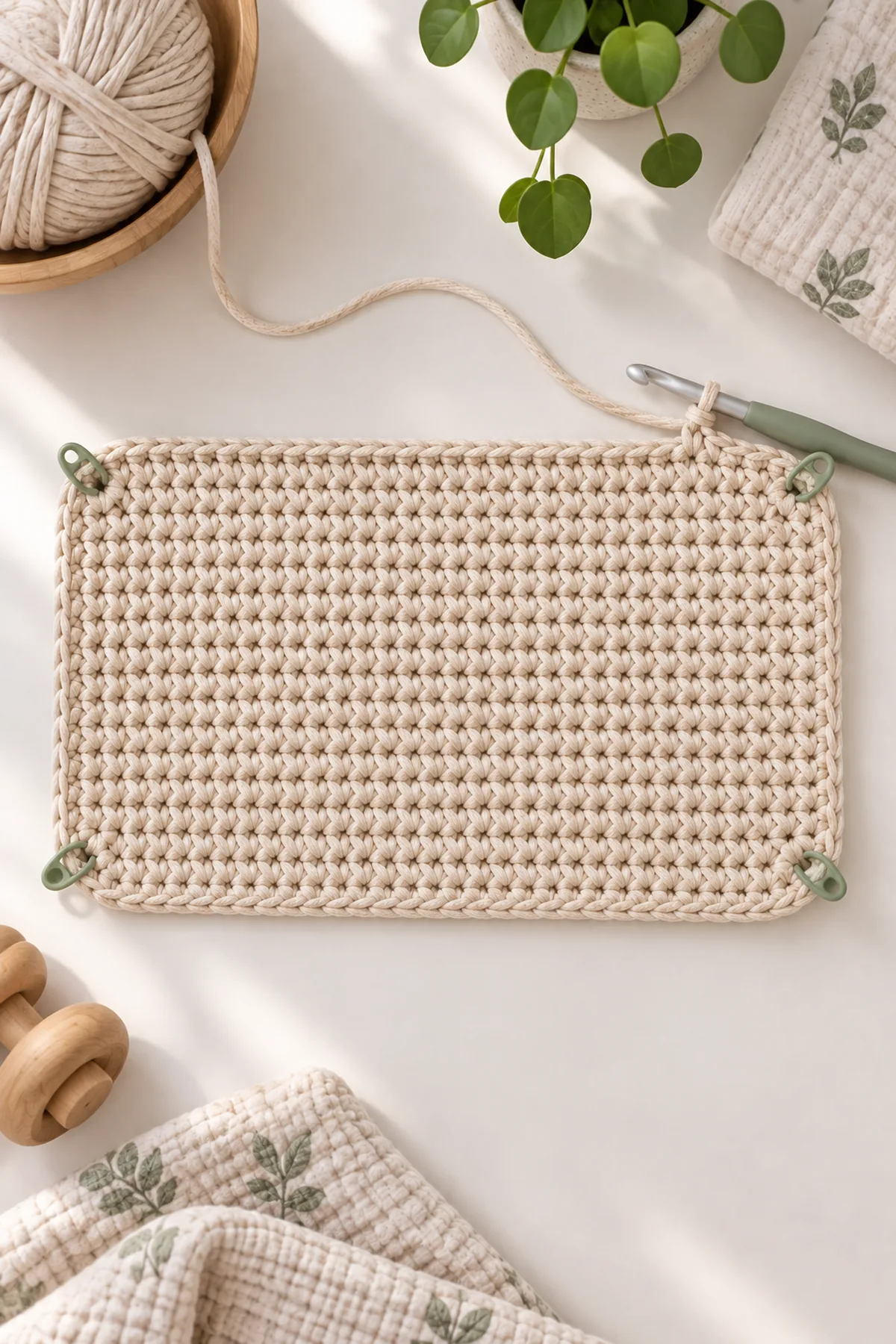 Firm oatmeal 36-stitch by 22-row rectangular crochet diaper caddy base with four corner markers